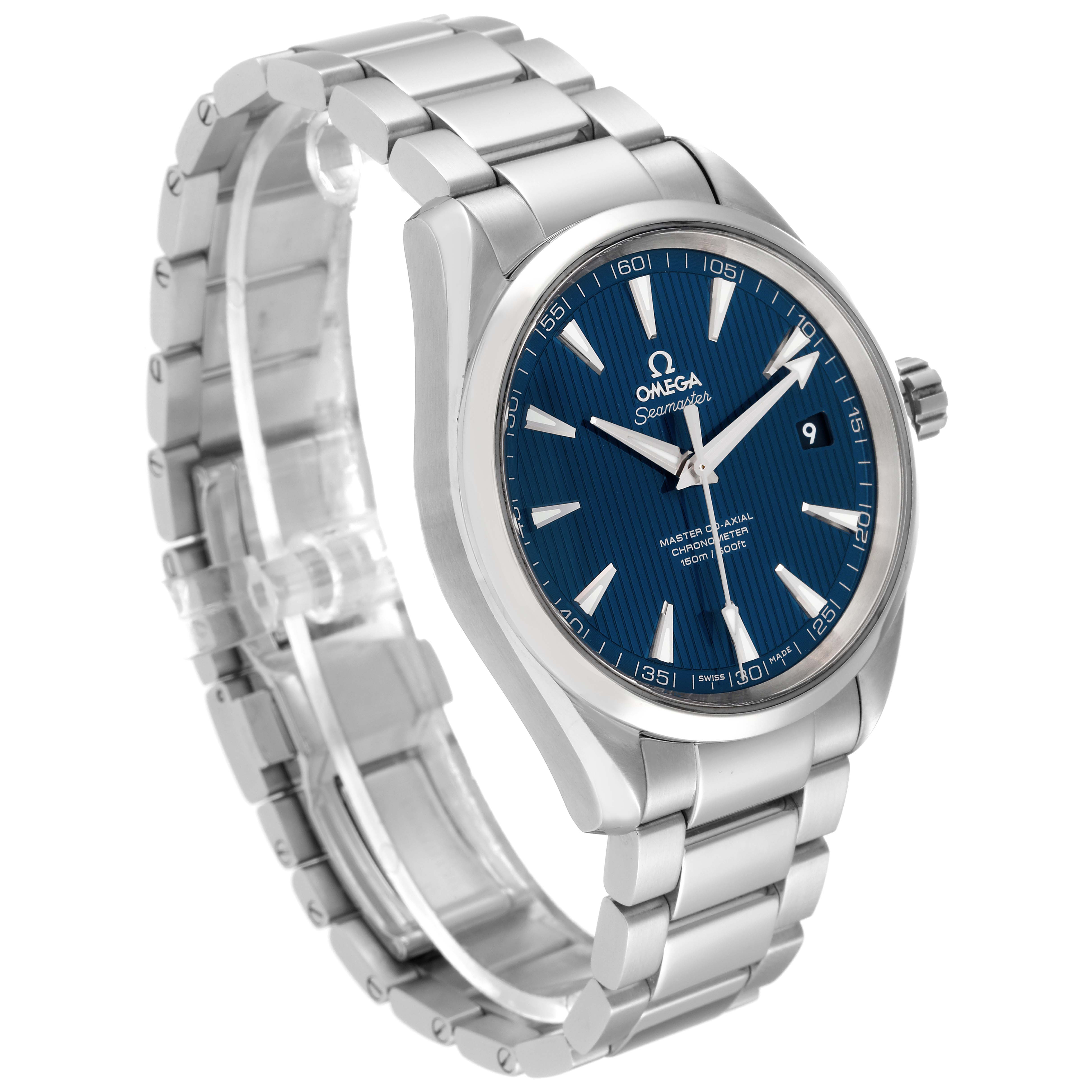 The image shows an Omega Aqua Terra 231.10.42.21.03.003 Men
s Stainless Steel Blue Dial 231.10.42.21.03.003 Men
s Stainless Steel Blue Dial watch angled to display the blue dial and stainless steel bracelet.