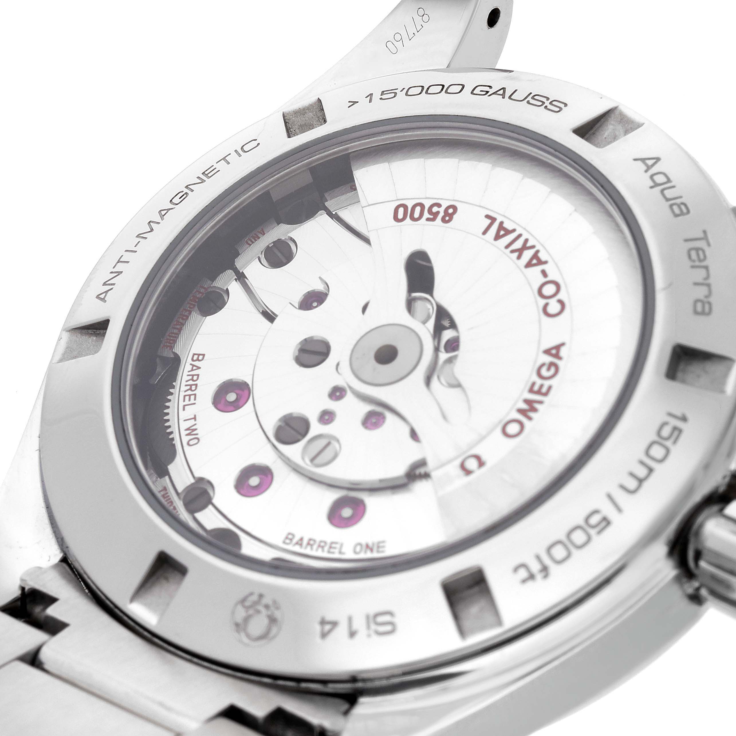 The image shows the back view of the Omega Aqua Terra 231.10.42.21.03.003 Men
s Stainless Steel Blue Dial 231.10.42.21.03.003 Men
s Stainless Steel Blue Dial watch, highlighting its movement and anti-magnetic features.