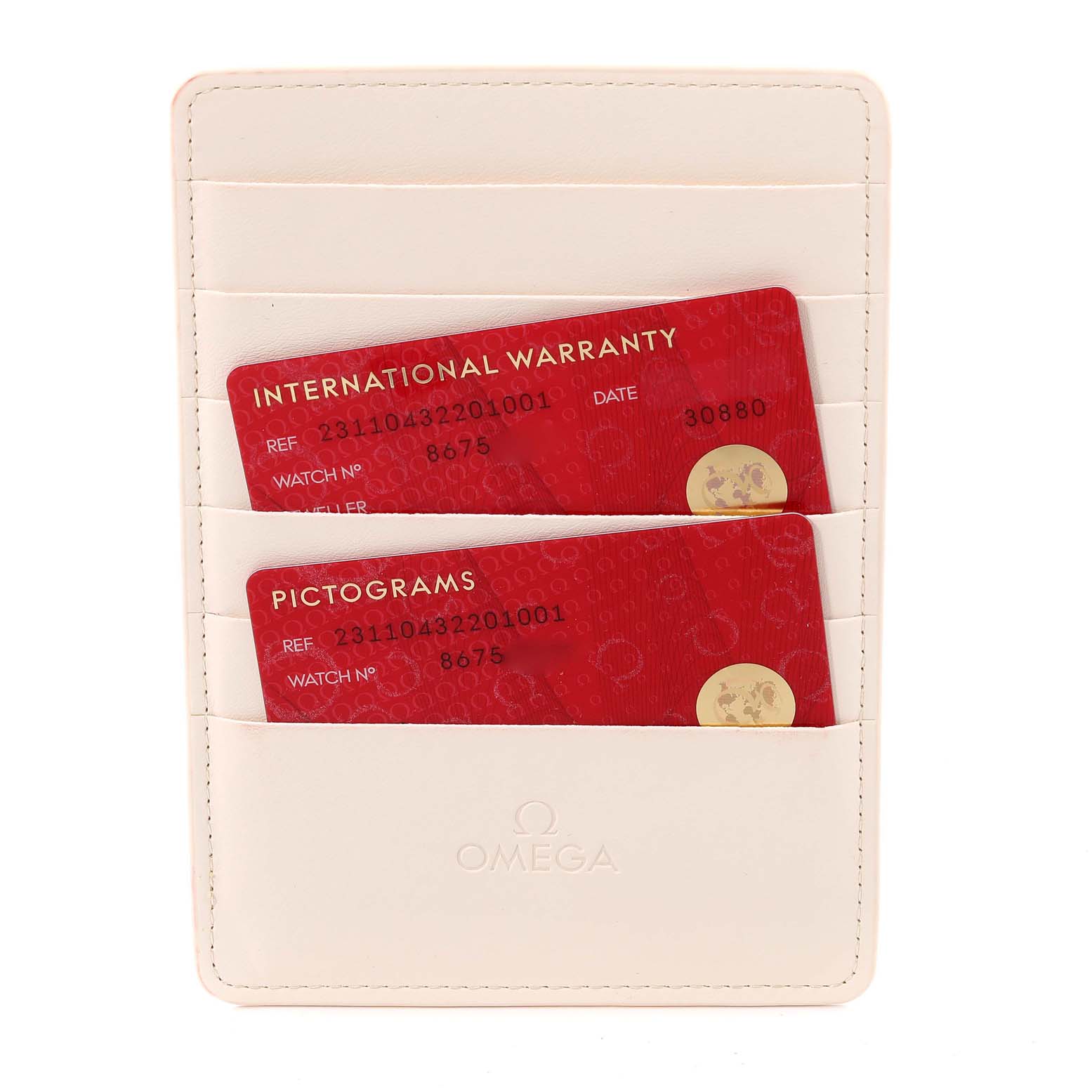 The image shows a cream-colored Omega cardholder with warranty and pictogram cards for the Omega Aqua Terra 231.10.43.22.01.001 Men's Stainless Steel Black Dial 231.10.43.22.01.001 Men's Stainless Steel Black Dial model.