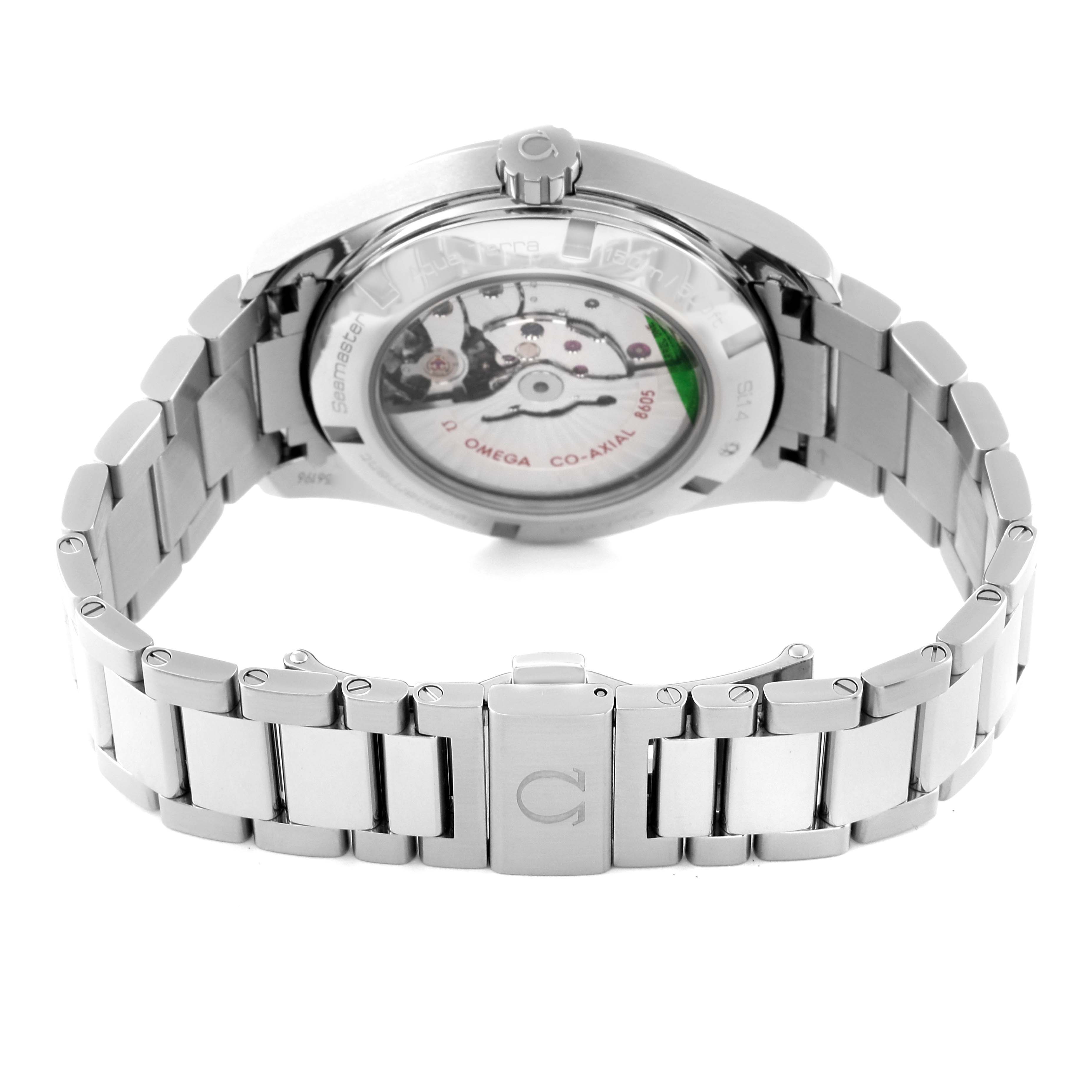 The Omega Aqua Terra 231.10.43.22.01.001 Men's Stainless Steel Black Dial 231.10.43.22.01.001 Men's Stainless Steel Black Dial watch is shown from the rear, displaying the back case and bracelet with the clasp open.