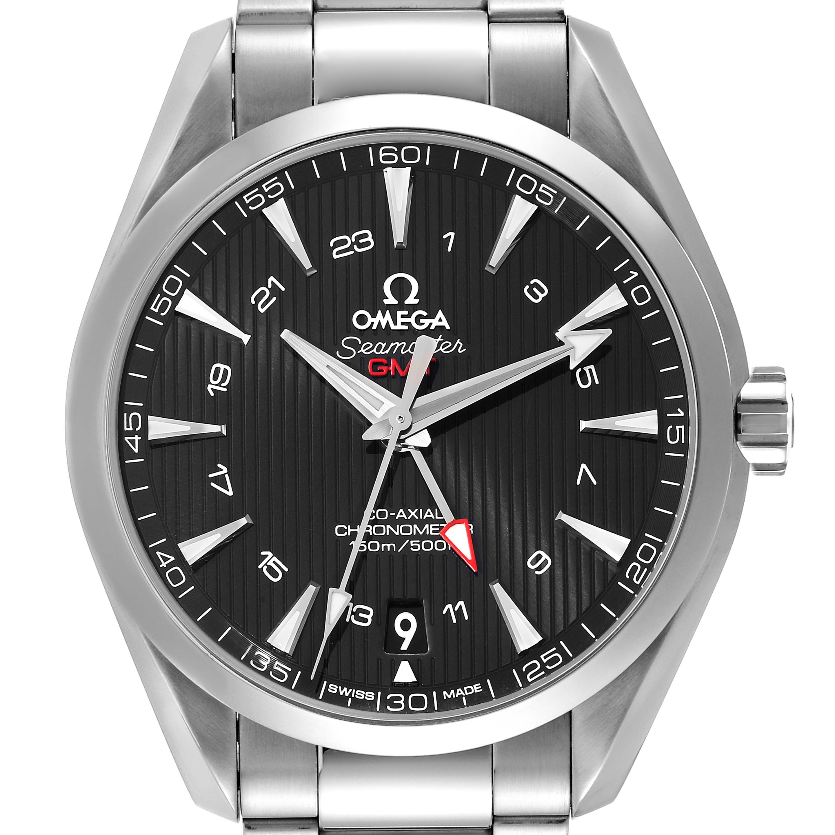 This image shows a front view of the Omega Aqua Terra 231.10.43.22.01.001 Men's Stainless Steel Black Dial 231.10.43.22.01.001 Men's Stainless Steel Black Dial watch, highlighting the face, hands, markers, and part of the bracelet.