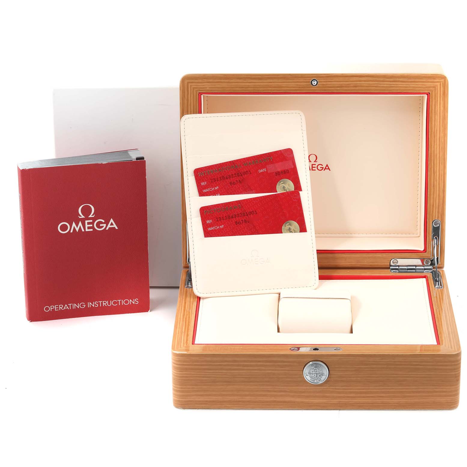 The image shows an Omega Aqua Terra 231.10.43.22.01.001 Men's Stainless Steel Black Dial 231.10.43.22.01.001 Men's Stainless Steel Black Dial watch box, warranty cards, and operating instructions from a straight-on angle.