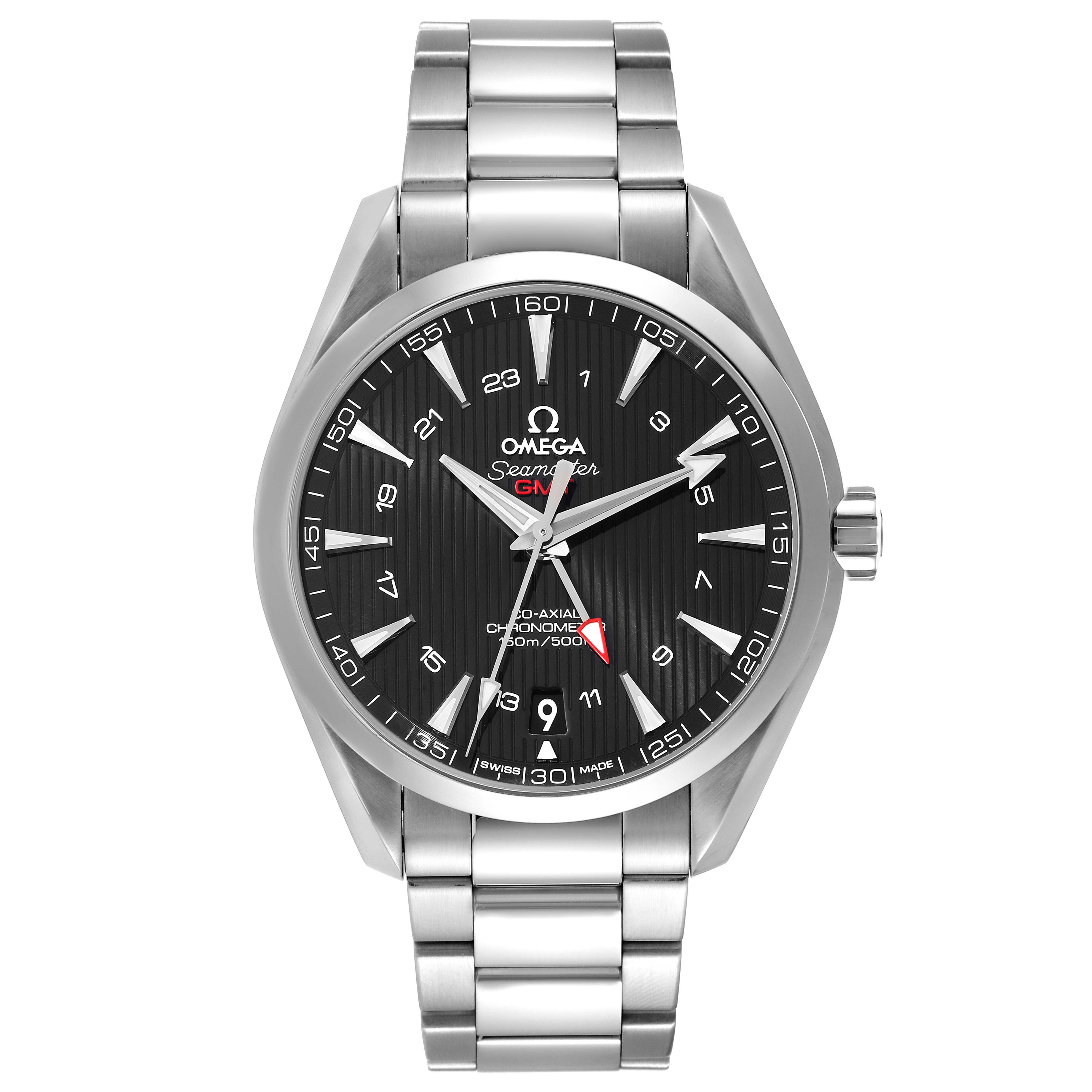 The image shows a front view of the Omega Aqua Terra 231.10.43.22.01.001 Men's Stainless Steel Black Dial 231.10.43.22.01.001 Men's Stainless Steel Black Dial watch, highlighting the face, dial, bezel, and bracelet.