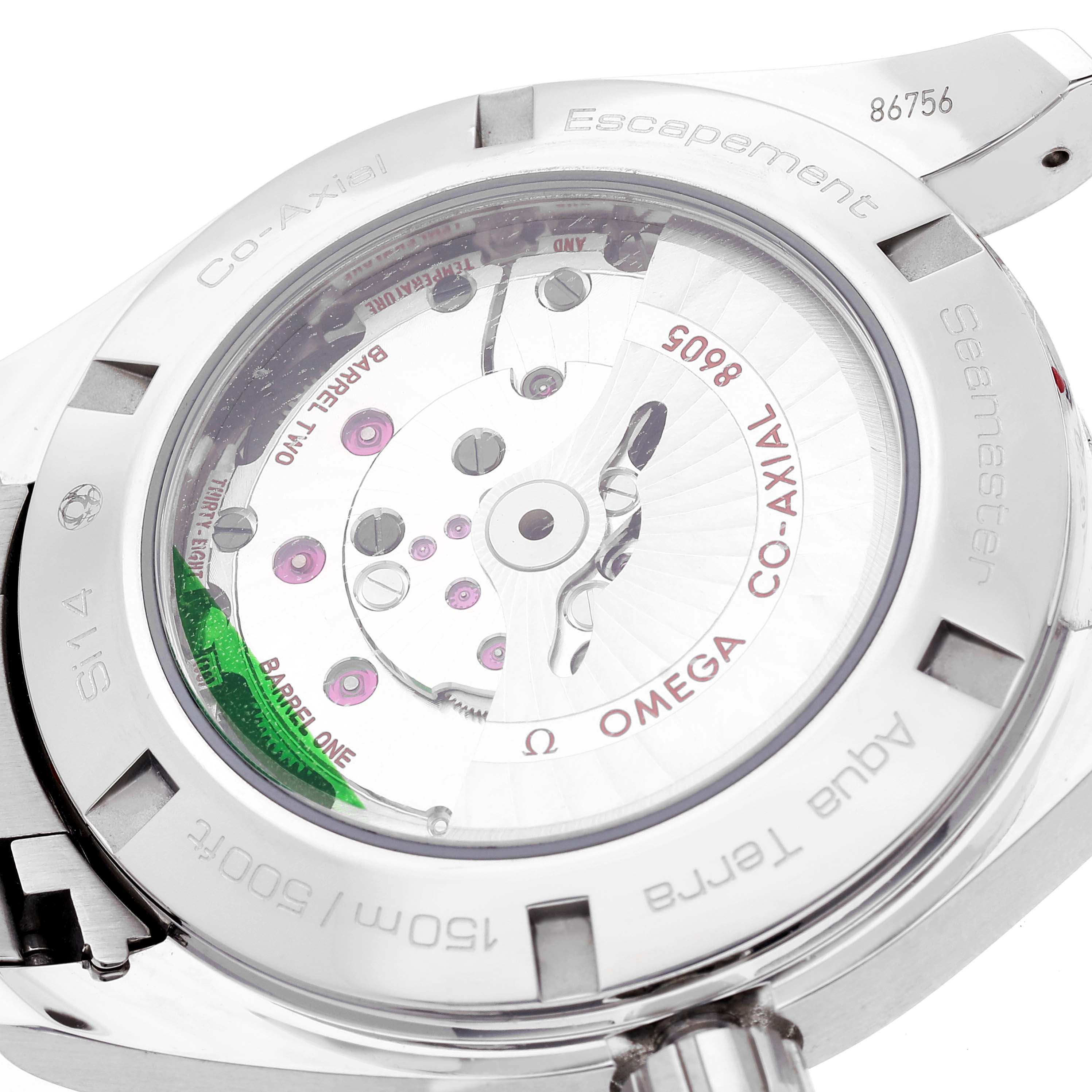 The image shows the back view of the Omega Aqua Terra 231.10.43.22.01.001 Men's Stainless Steel Black Dial 231.10.43.22.01.001 Men's Stainless Steel Black Dial watch, revealing its Co-Axial escapement and internal mechanisms.