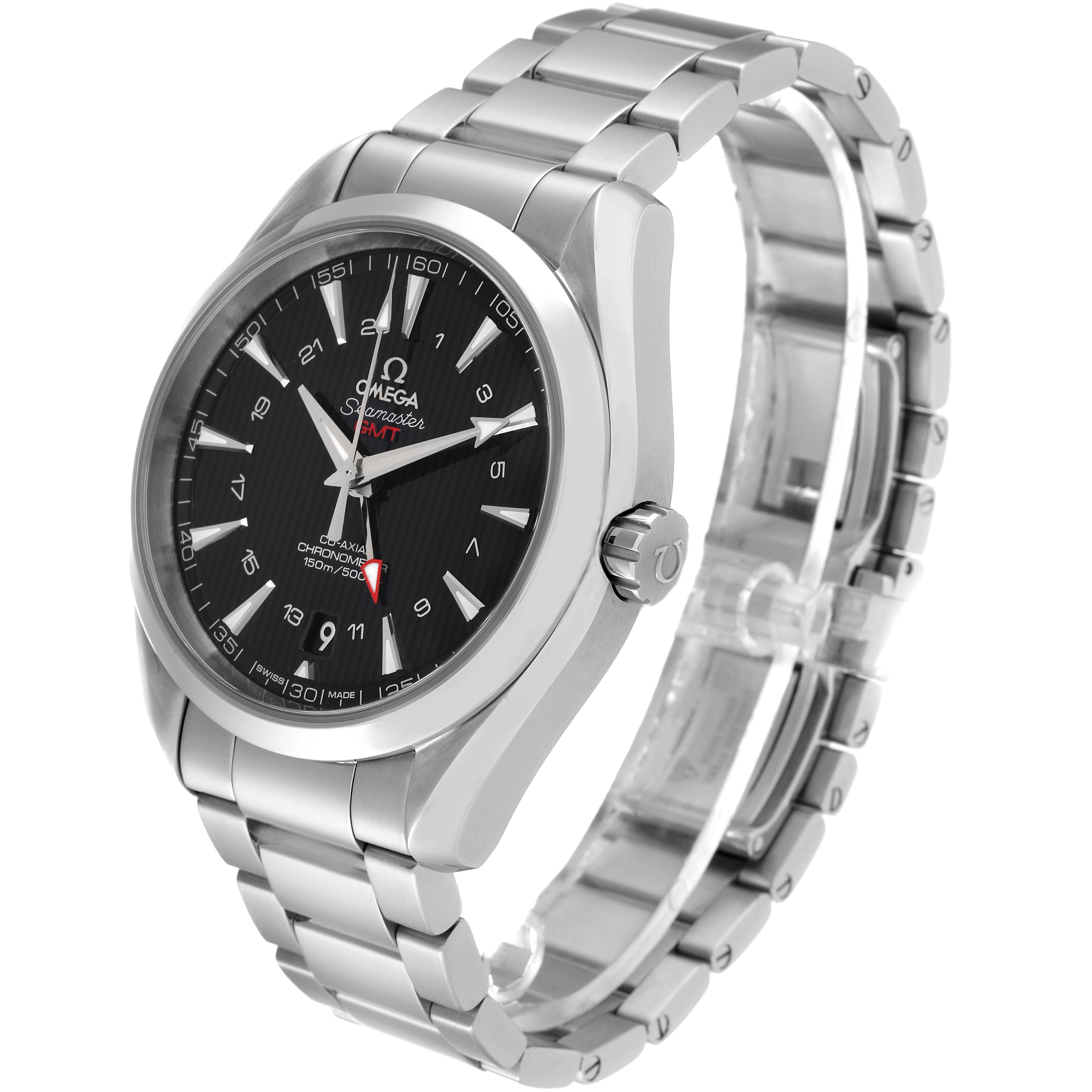 This image shows a side view of the Omega Aqua Terra 231.10.43.22.01.001 Men's Stainless Steel Black Dial 231.10.43.22.01.001 Men's Stainless Steel Black Dial watch, highlighting the dial, bezel, crown, and metal bracelet.