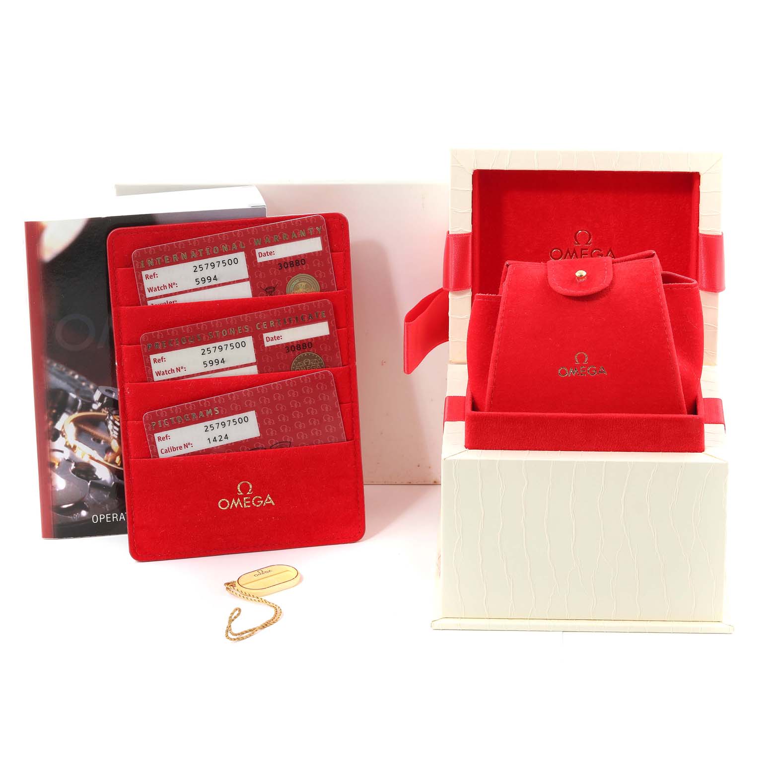 The image shows the Omega 2579.75.00 Women
s Stainless Steel Mother of Pearl Dial 2579.75.00 Women
s Stainless Steel Mother of Pearl Dial Seamaster Aqua Terra Mother of Pearl Diamond Steel Ladies Watch 2579.75.00 box, cards, and booklet.