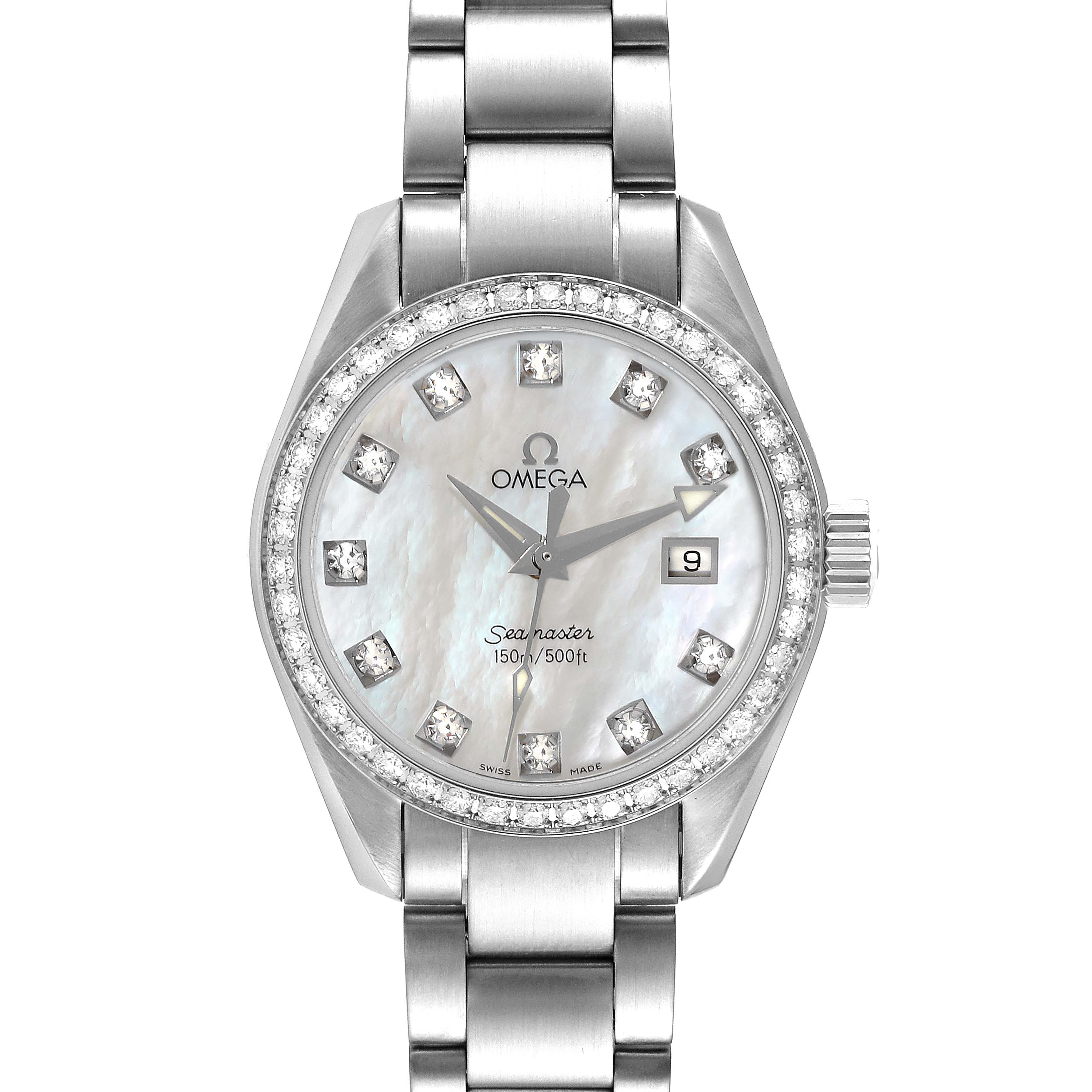 The Omega 2579.75.00 Women
s Stainless Steel Mother of Pearl Dial 2579.75.00 Women
s Stainless Steel Mother of Pearl Dial Seamaster Aqua Terra 2579.75.00 is shown from a front angle, highlighting its diamond bezel, mother of pearl dial, and steel bracelet.