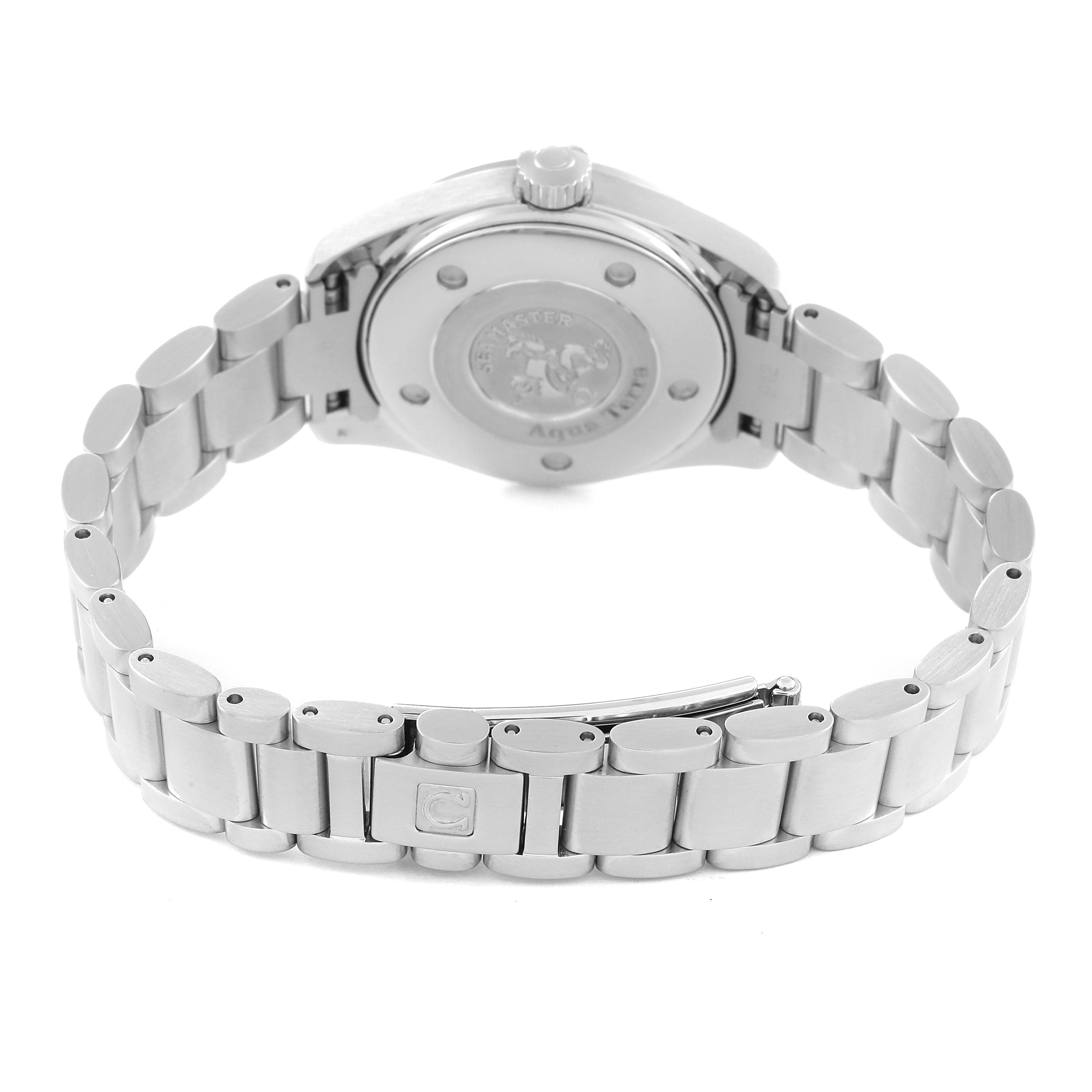 The image shows the back and bracelet of the Omega 2579.75.00 Women
s Stainless Steel Mother of Pearl Dial 2579.75.00 Women
s Stainless Steel Mother of Pearl Dial Seamaster Aqua Terra Mother of Pearl Diamond Steel Ladies Watch 2579.75.00.