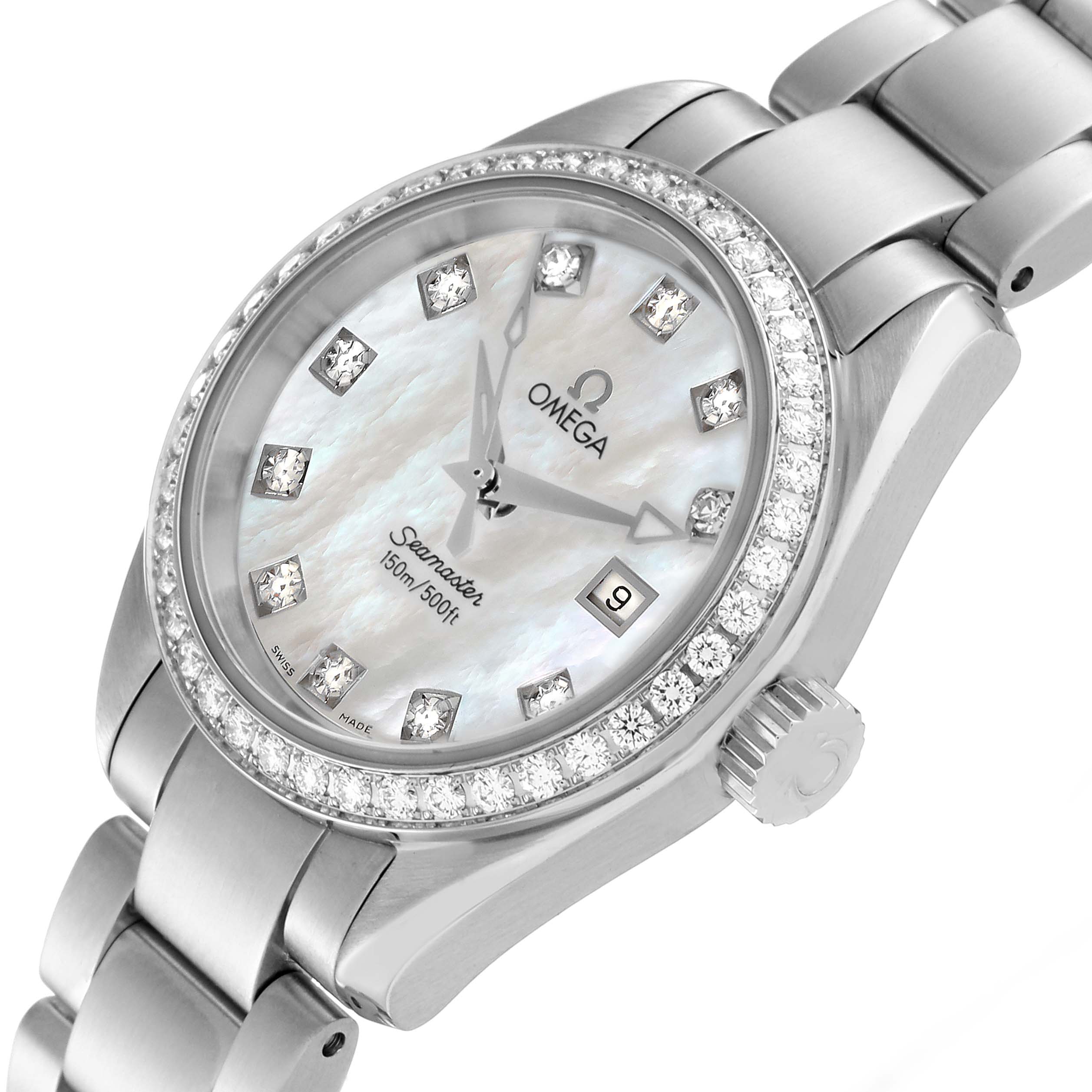 The image shows the watch face and bracelet of the Omega 2579.75.00 Women
s Stainless Steel Mother of Pearl Dial 2579.75.00 Women
s Stainless Steel Mother of Pearl Dial Seamaster Aqua Terra Mother of Pearl Diamond Steel Ladies Watch model 2579.75.00 at an angled view.