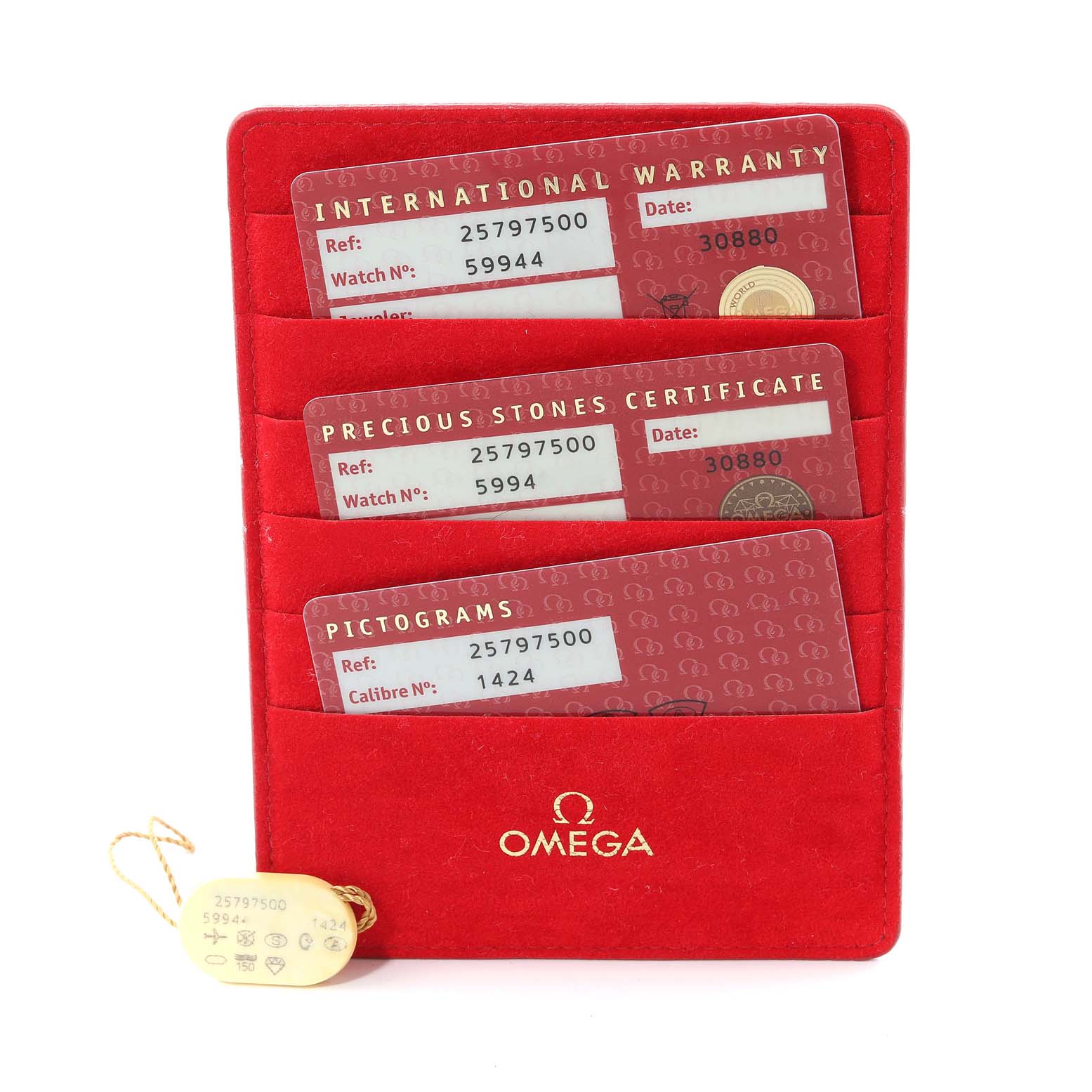 The image shows Omega 2579.75.00 Women
s Stainless Steel Mother of Pearl Dial 2579.75.00 Women
s Stainless Steel Mother of Pearl Dial warranty cards and a tag for the Seamaster Aqua Terra Mother of Pearl Diamond Steel Ladies Watch 2579.75.00.