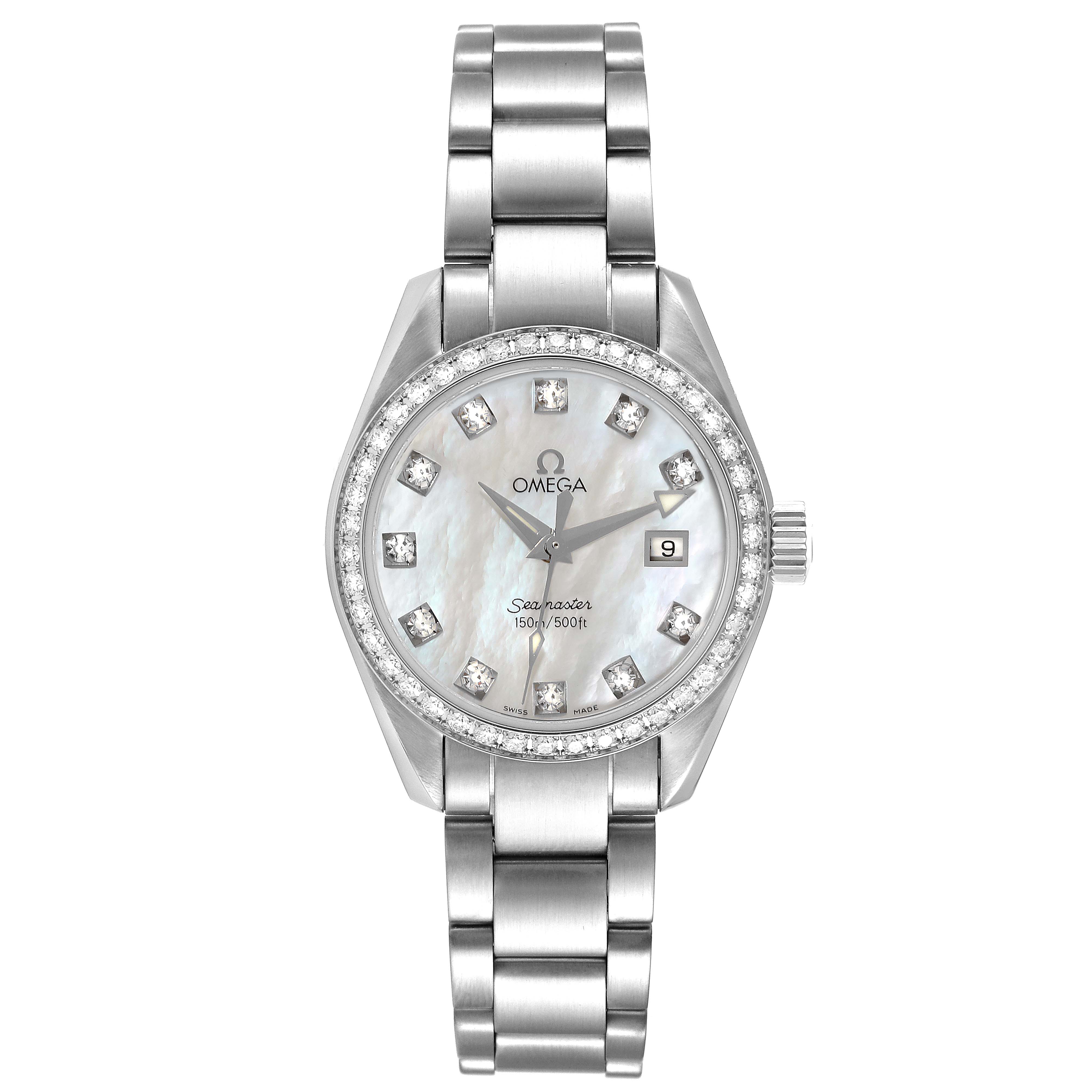 The Omega 2579.75.00 Women
s Stainless Steel Mother of Pearl Dial 2579.75.00 Women
s Stainless Steel Mother of Pearl Dial Seamaster Aqua Terra 2579.75.00 watch is shown from a front angle, displaying the dial, bezel, and bracelet.