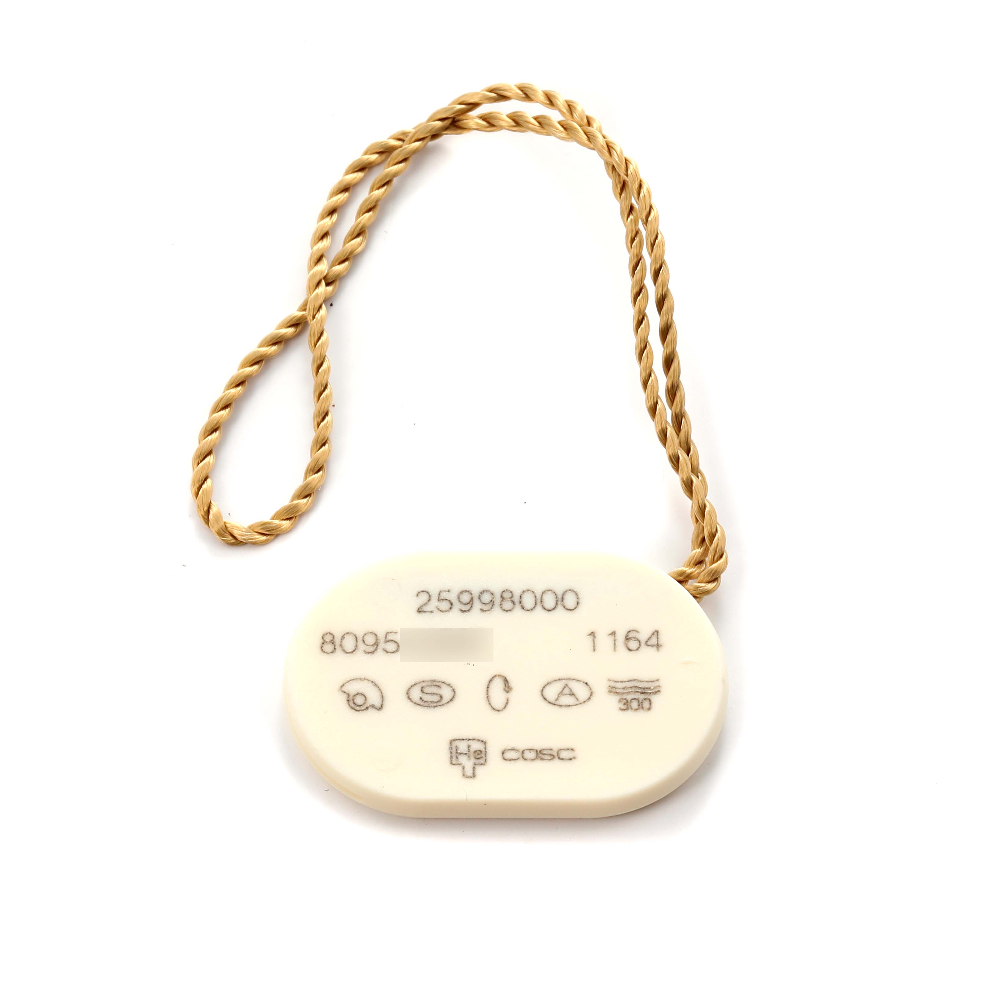The image shows a hang tag for an Omega Seamaster, model number 2599.80.00, with a golden string attached.