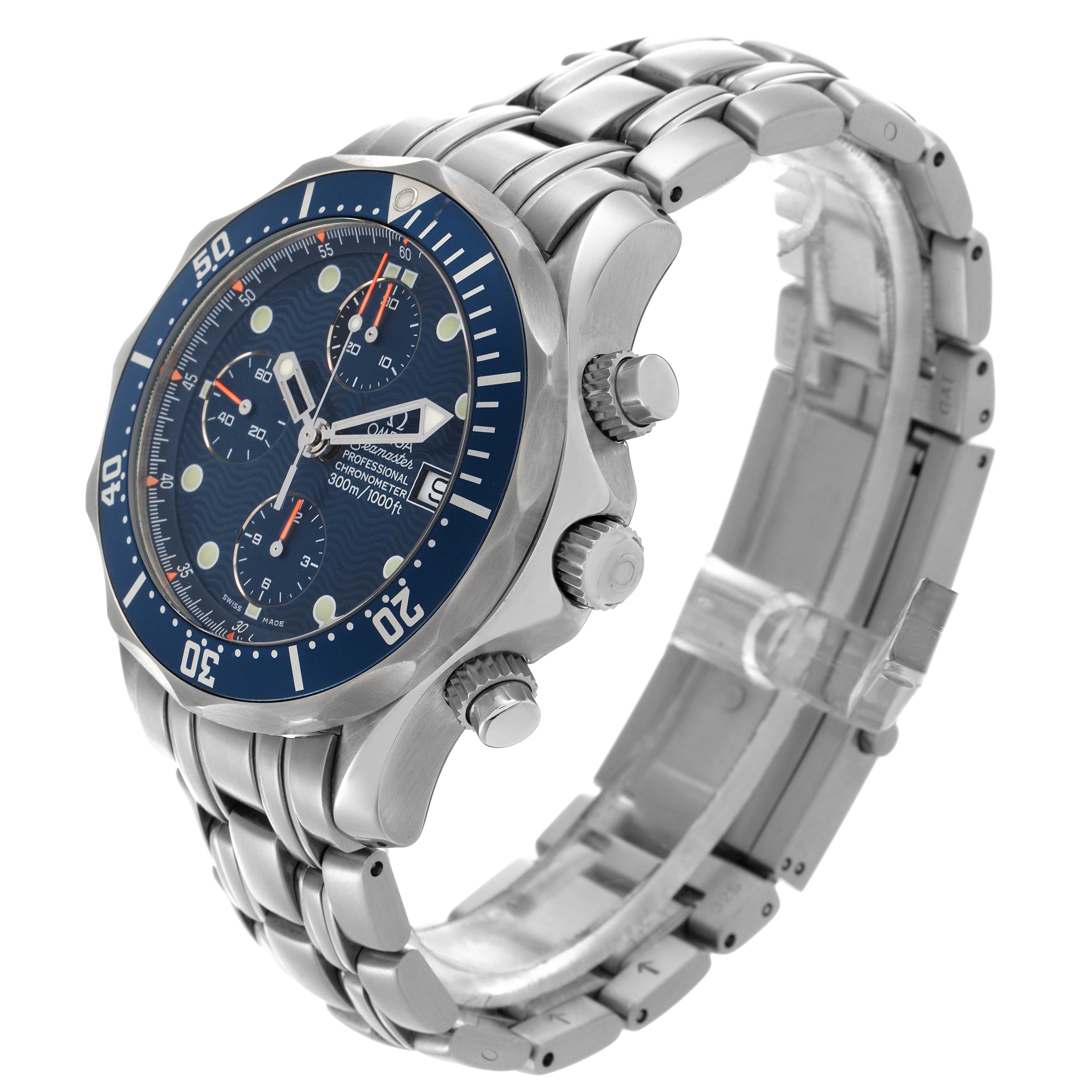 The Omega Seamaster model 2599.80.00 is shown at a three-quarter angle, displaying the dial, case, bezel, crown, pushers, and part of the bracelet.
