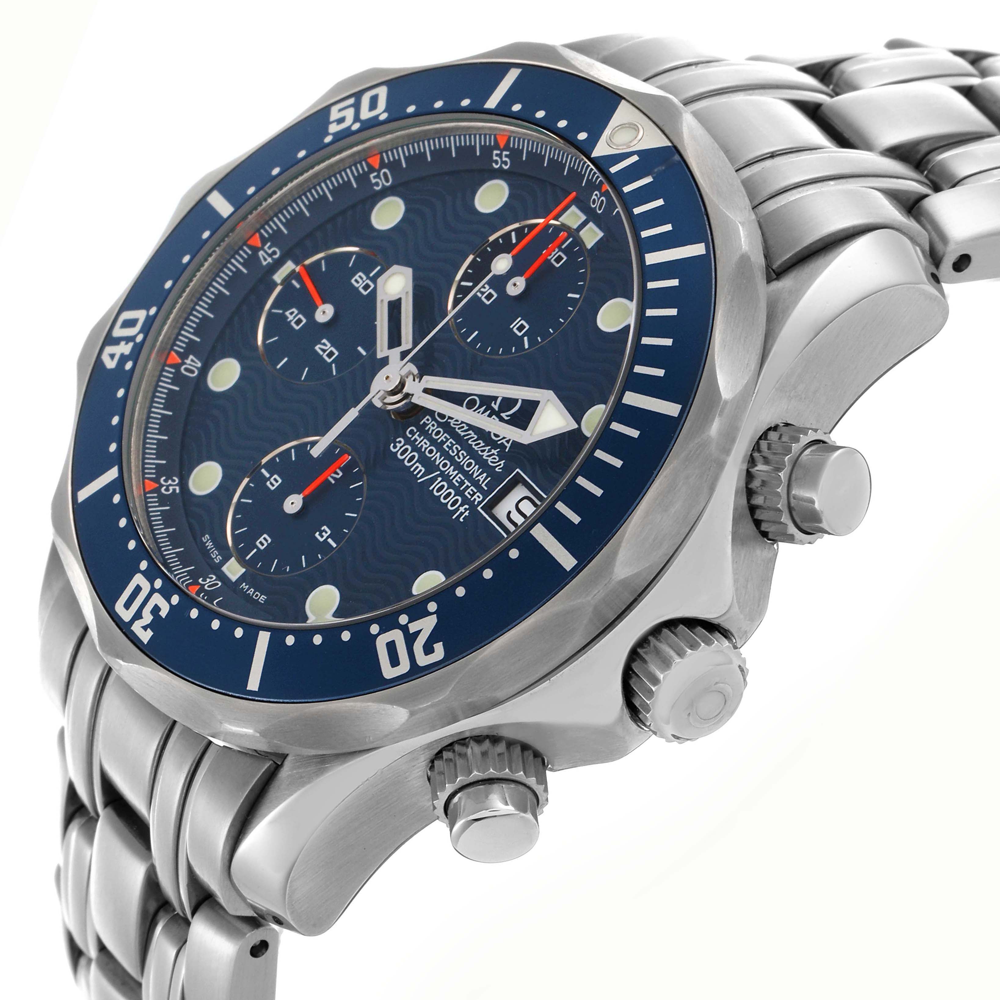 The image shows a side-angle view of the Omega Seamaster model 2599.80.00, highlighting the blue dial, bezel, and stainless steel bracelet and crown.