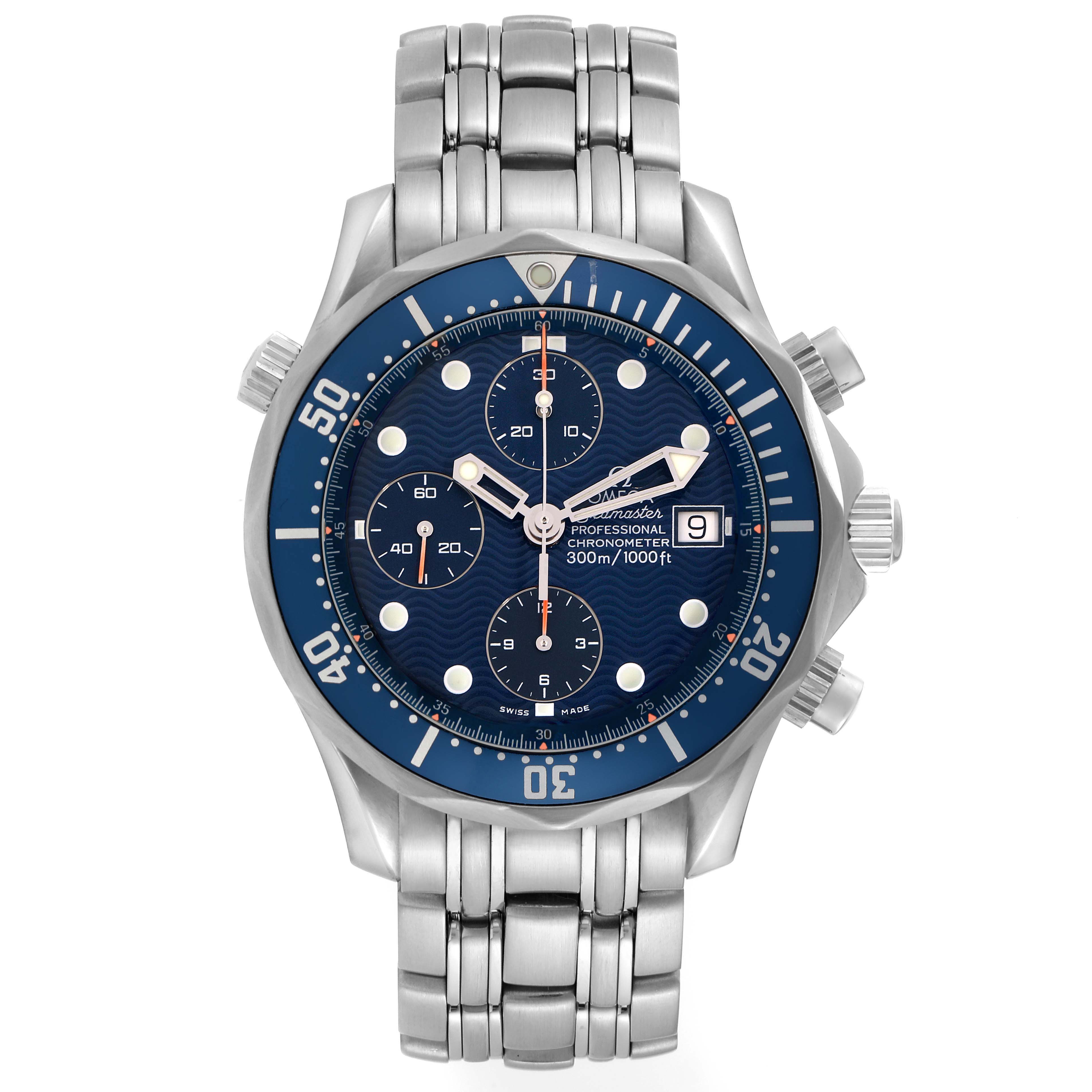 The Omega Seamaster model 2599.80.00, a men's watch, is shown from a front angle displaying its blue dial, chronograph subdials, and stainless steel bracelet.