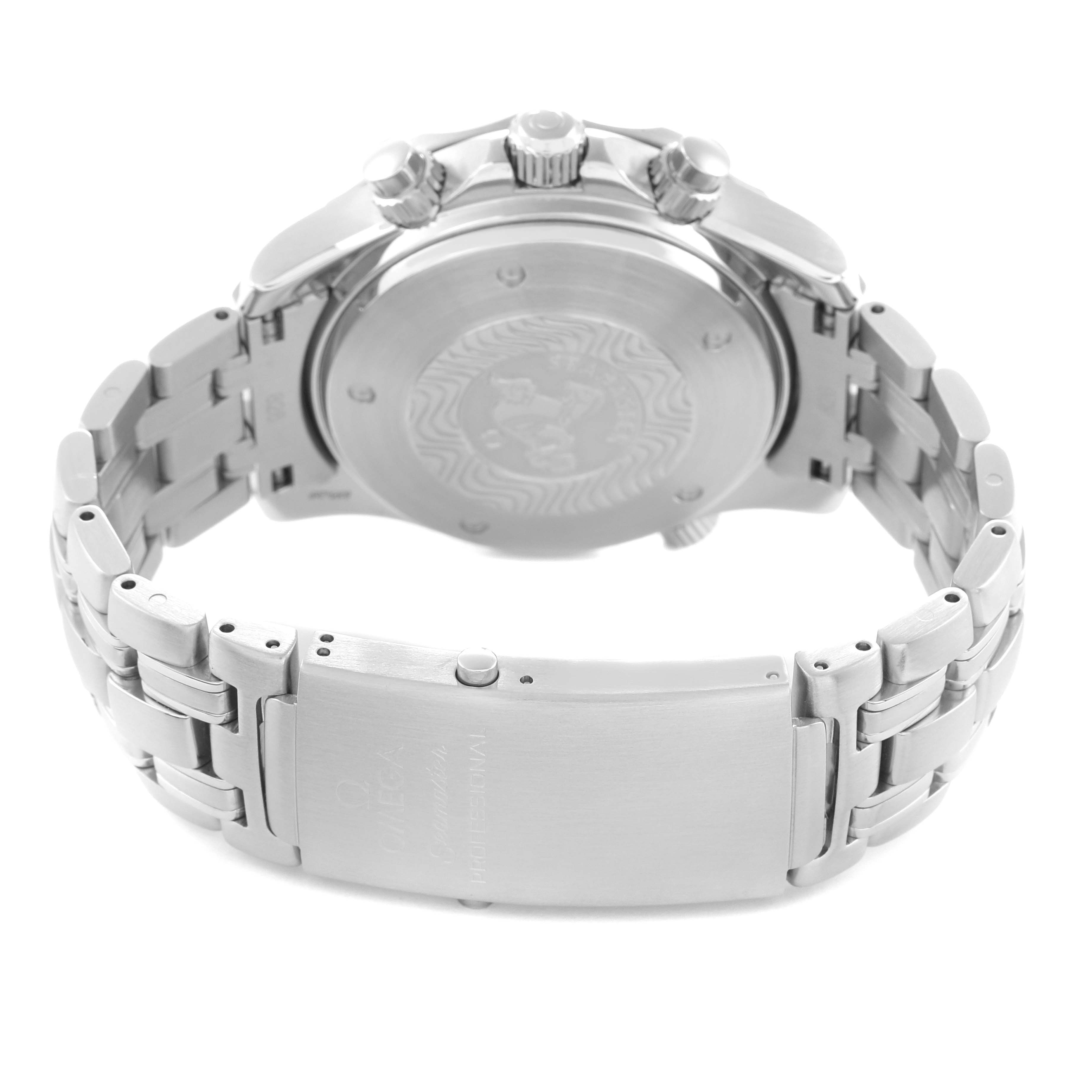 The image shows the back and clasp of an Omega Seamaster men's watch, model number 2599.80.00, highlighting the bracelet and engraved case back.