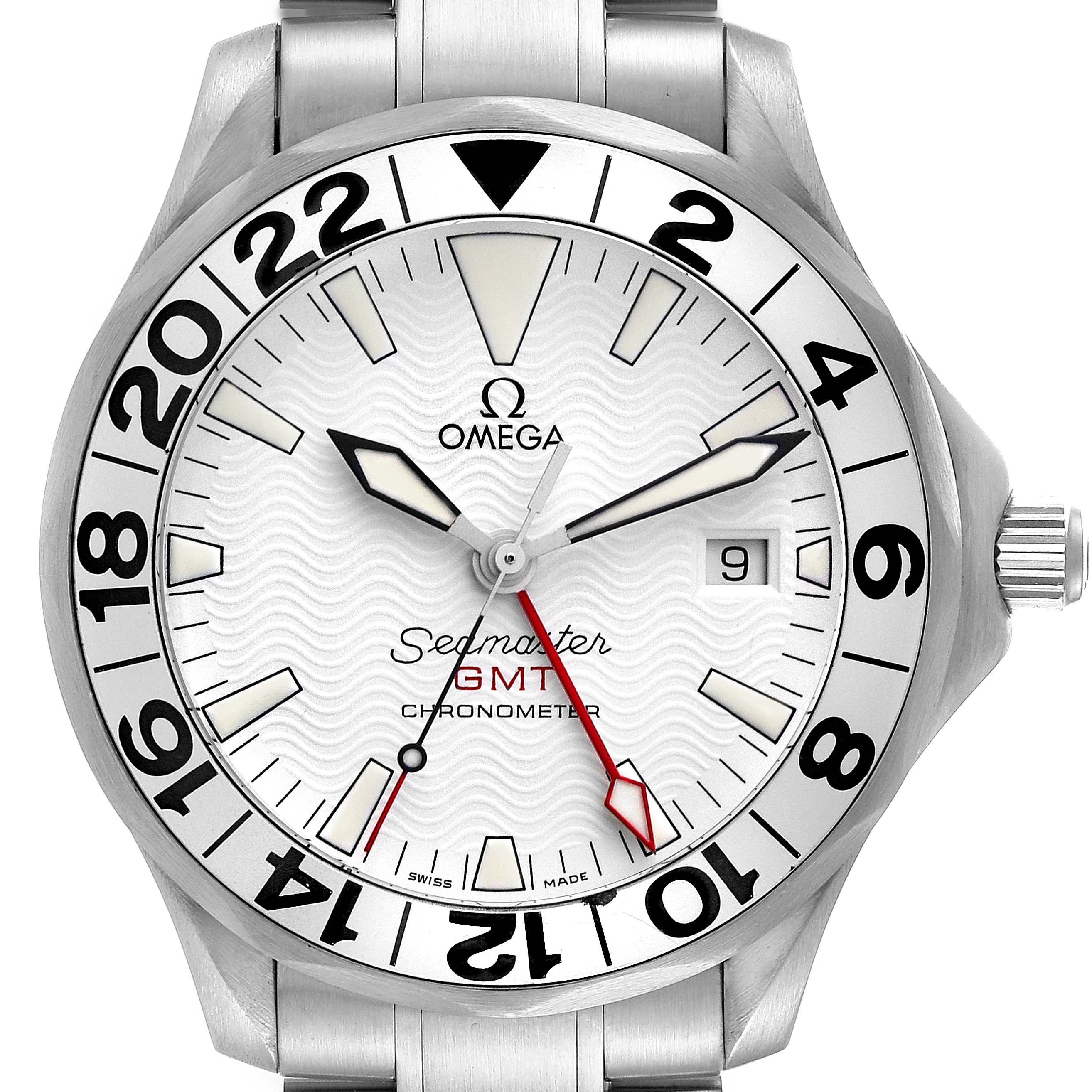The image shows a frontal view of the Omega Seamaster 2538.20.00 Men's Stainless Steel White Dial 2538.20.00 Men's Stainless Steel White Dial GMT Chronometer watch face and partial bracelet.