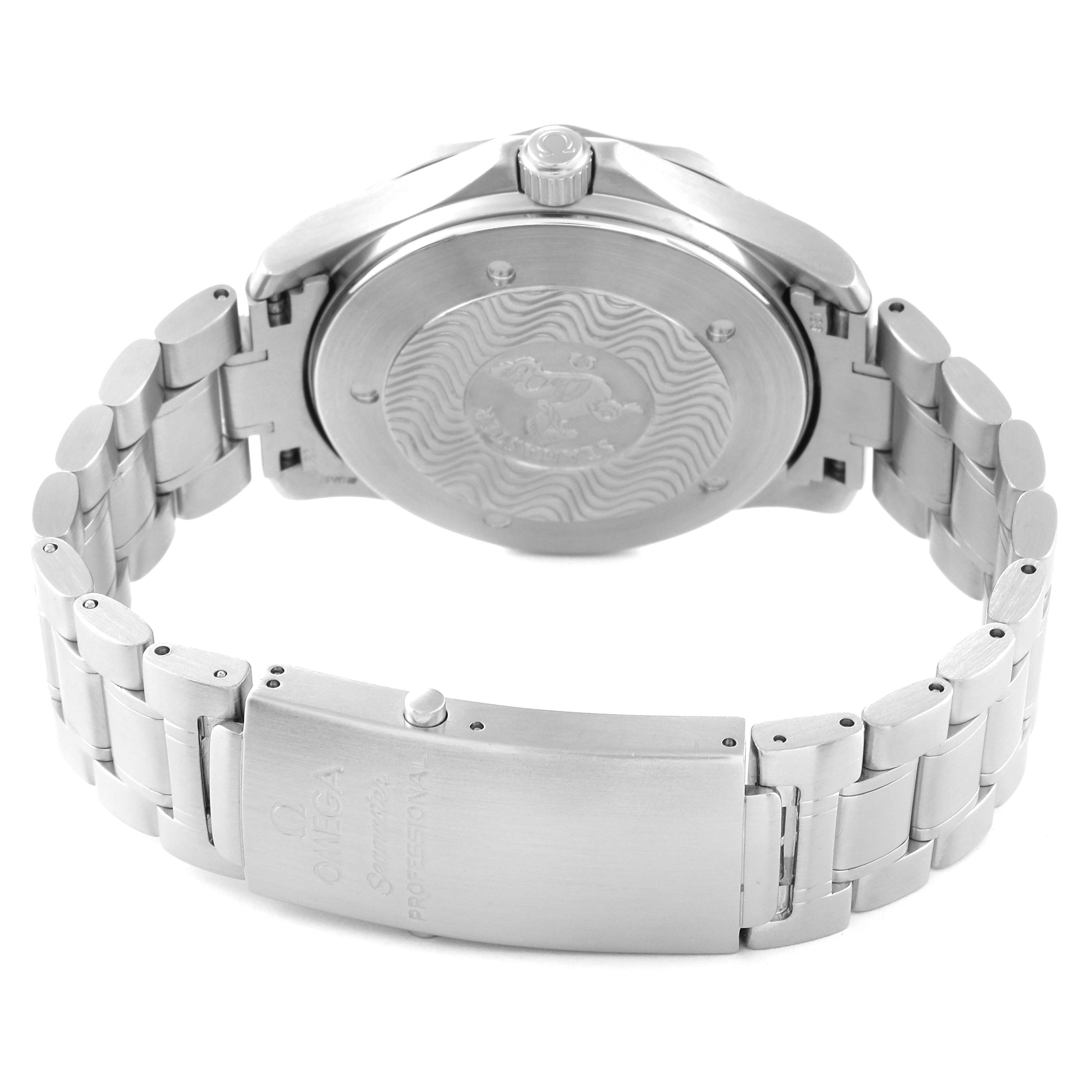 The image shows the back and clasp of an Omega Seamaster 2538.20.00 Men's Stainless Steel White Dial 2538.20.00 Men's Stainless Steel White Dial watch, highlighting the bracelet and case back details.