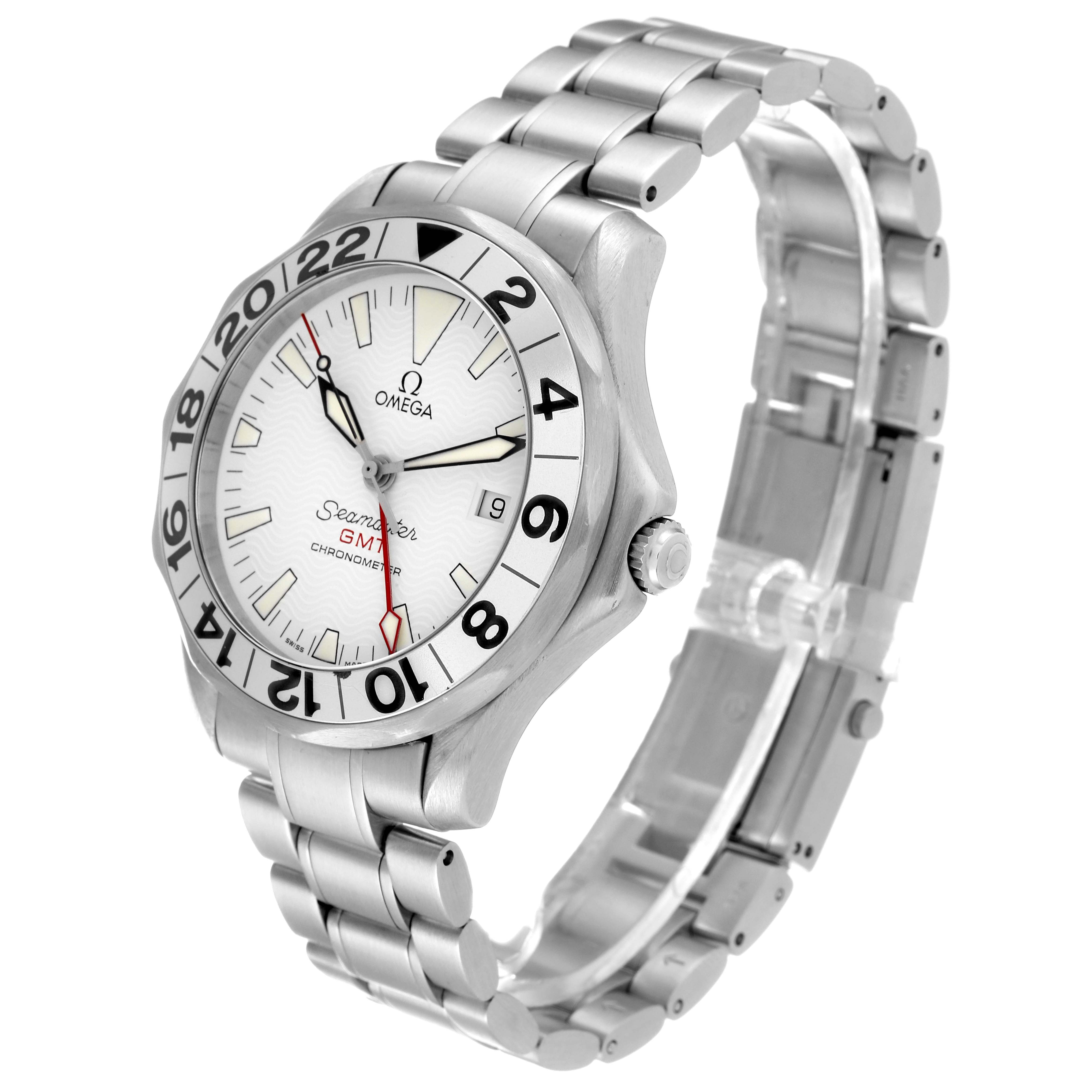 The image shows a side angle view of the Omega Seamaster 2538.20.00 Men's Stainless Steel White Dial 2538.20.00 Men's Stainless Steel White Dial watch, focusing on the dial, bezel, crown, and metal bracelet.