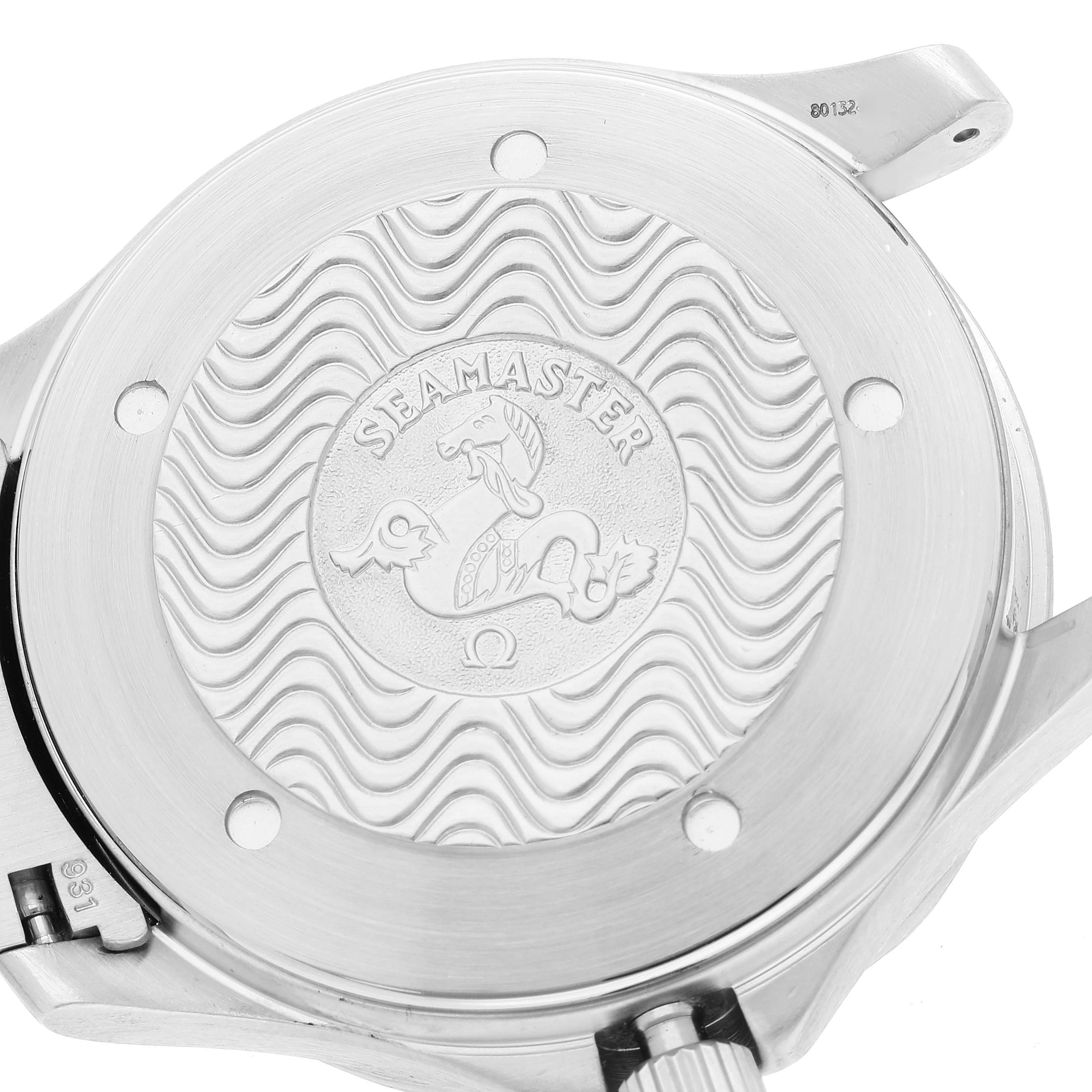The image shows the case back of an Omega Seamaster 2538.20.00 Men's Stainless Steel White Dial 2538.20.00 Men's Stainless Steel White Dial watch, featuring engraved wave patterns and the Seamaster logo.