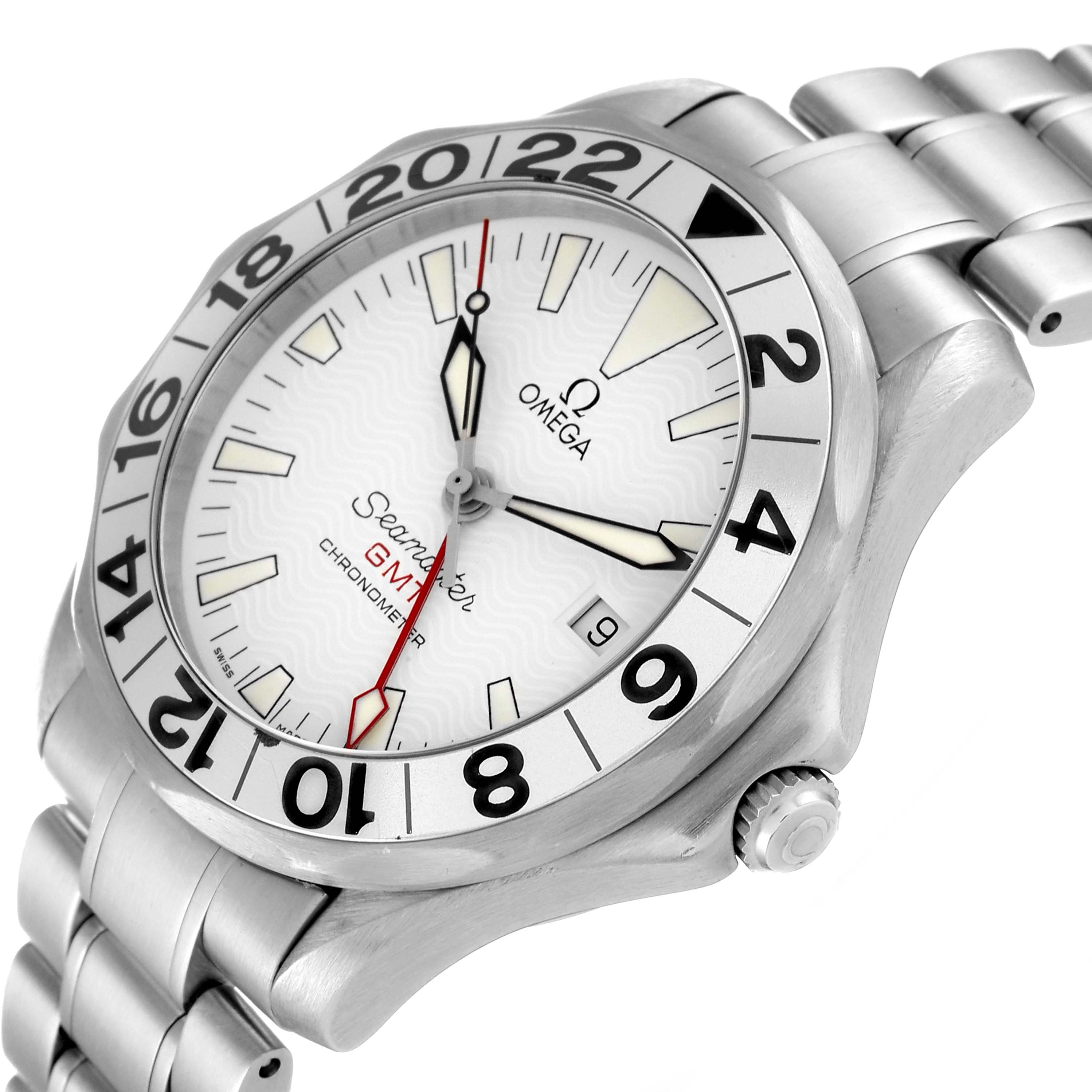 This image shows an angled view of the Omega Seamaster 2538.20.00 Men's Stainless Steel White Dial 2538.20.00 Men's Stainless Steel White Dial watch, displaying the bezel, dial, hands, and part of the bracelet.