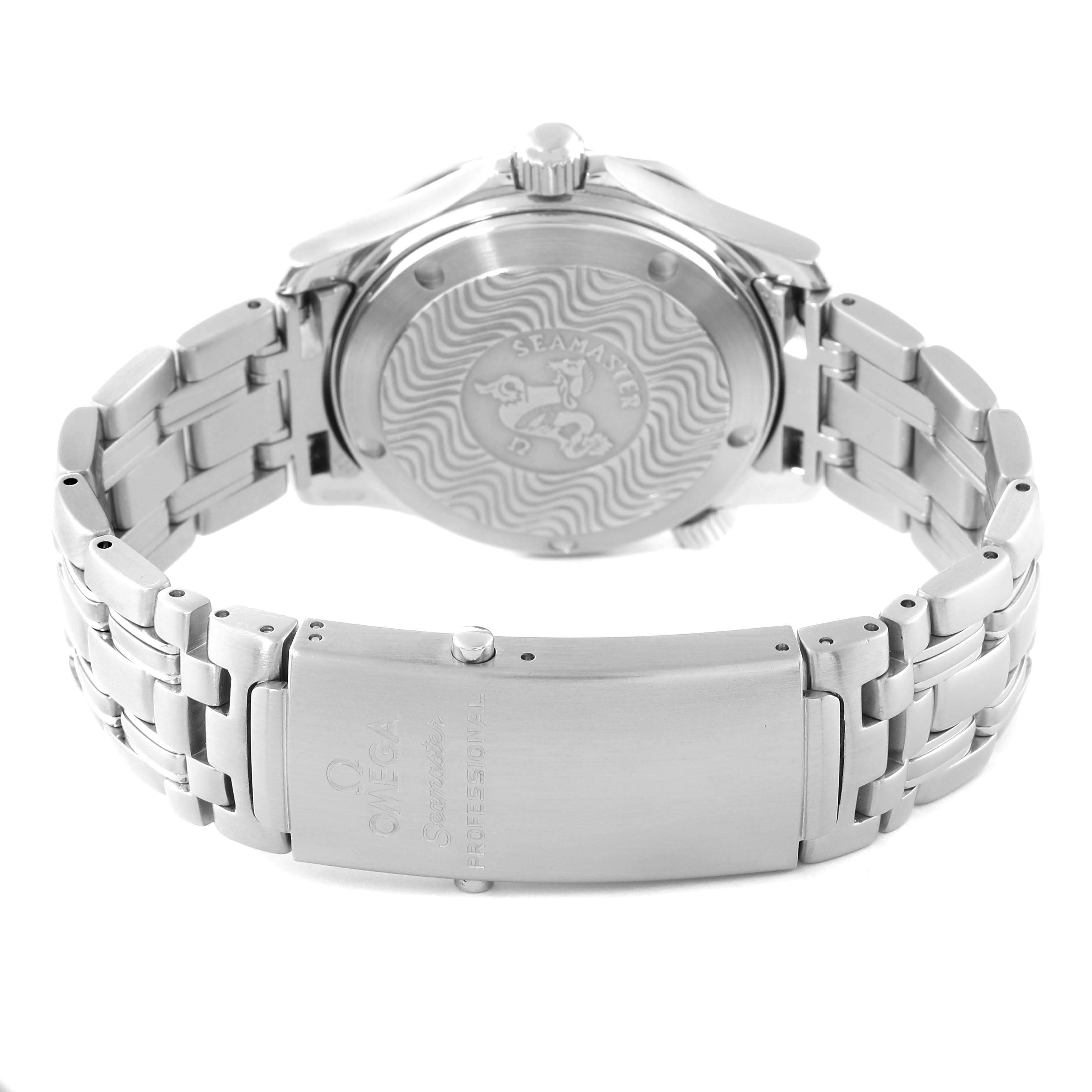 This image shows the back case and clasp of an Omega Seamaster 2551.80.00 Men
s Stainless Steel Blue Dial 2551.80.00 Men
s Stainless Steel Blue Dial watch, with the brand
s logo and model name engraved.