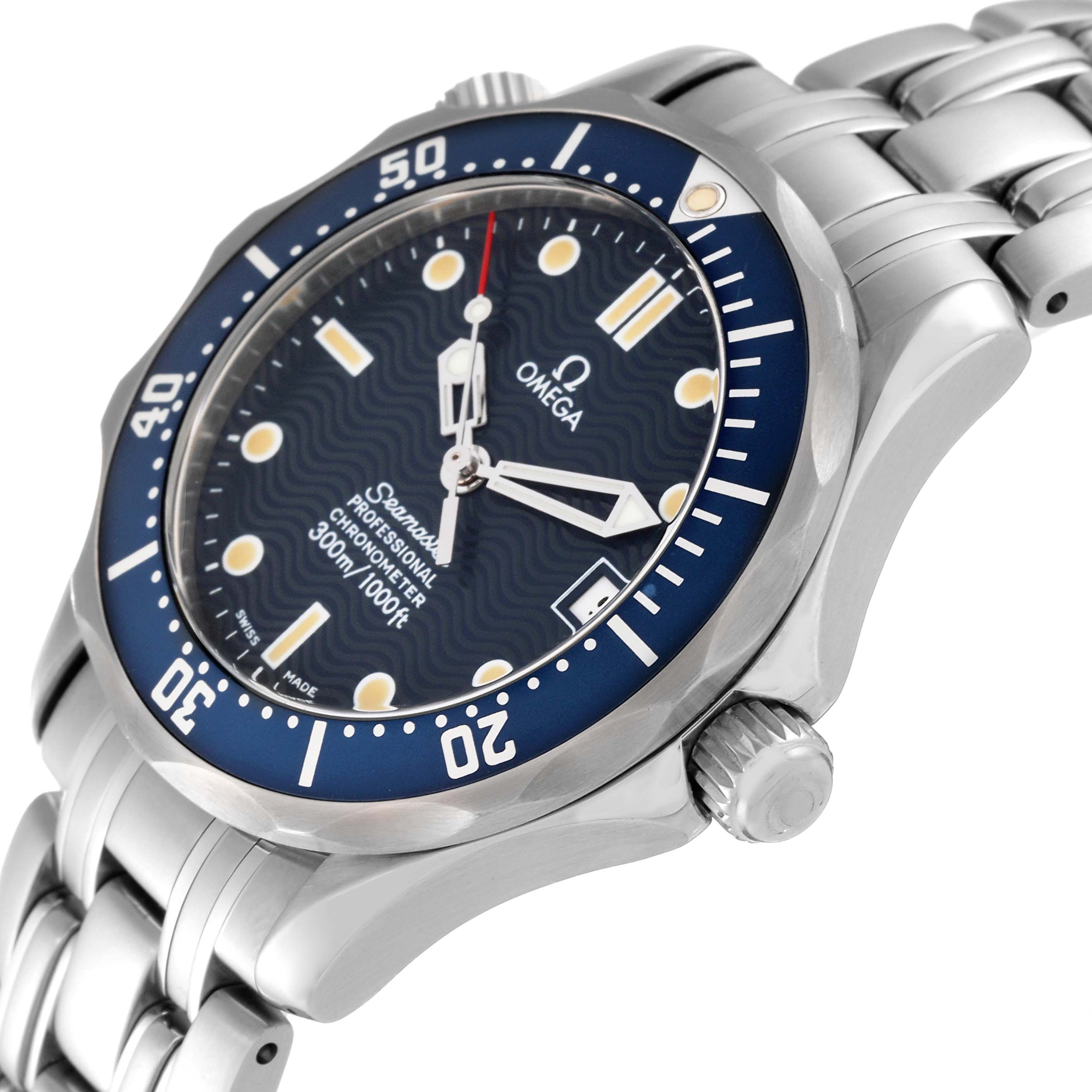 The image shows a close-up side and front angle of the Omega Seamaster 2551.80.00 Men
s Stainless Steel Blue Dial 2551.80.00 Men
s Stainless Steel Blue Dial watch, highlighting its dial, bezel, and bracelet.