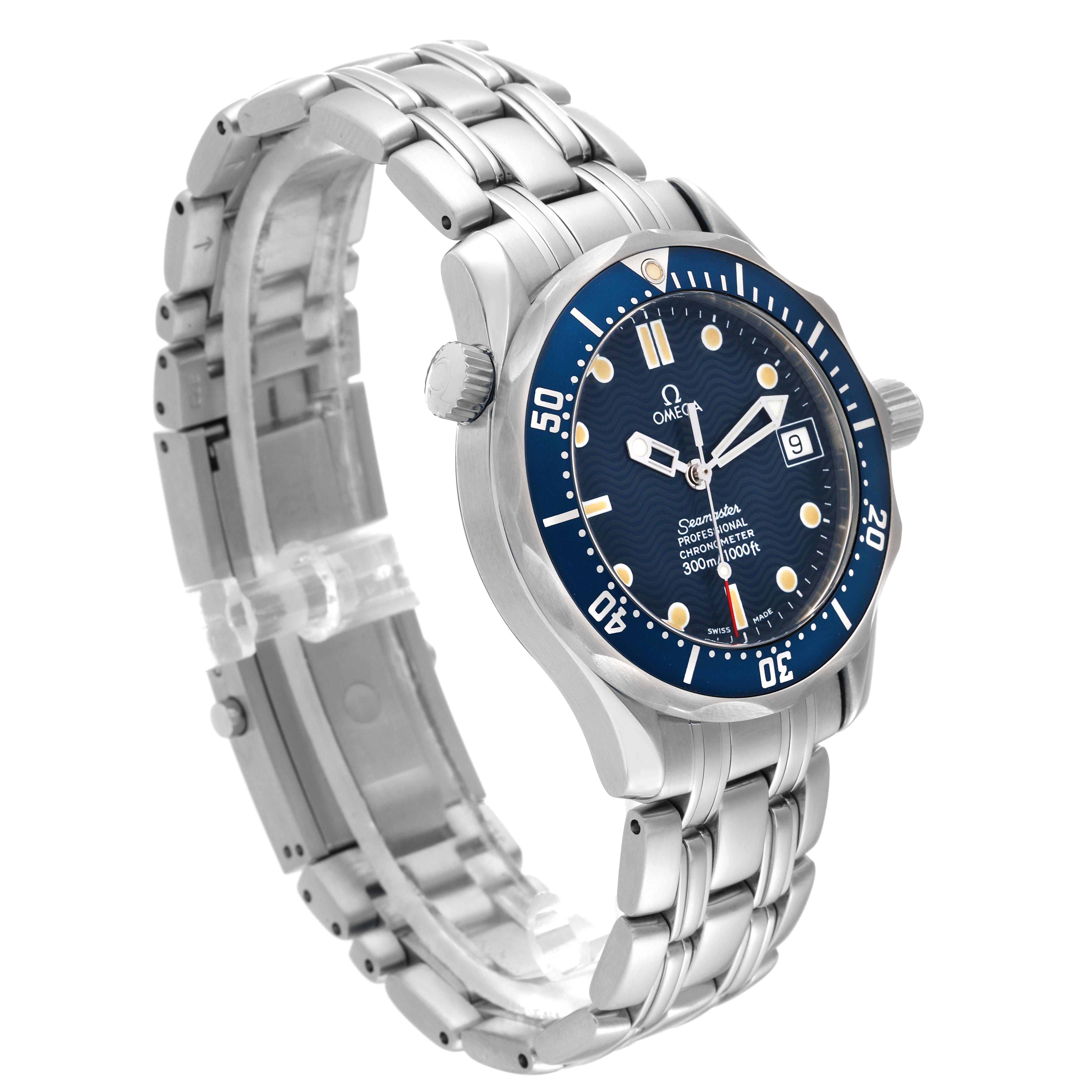 The Omega Seamaster 2551.80.00 Men
s Stainless Steel Blue Dial 2551.80.00 Men
s Stainless Steel Blue Dial watch is shown at a three-quarter angle, displaying its blue dial, bezel, stainless steel bracelet, and clasp.