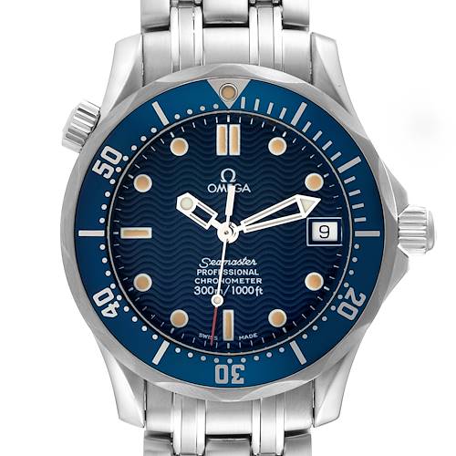 The image shows a front view of an Omega Seamaster watch displaying the dial, bezel, and part of the metal bracelet.