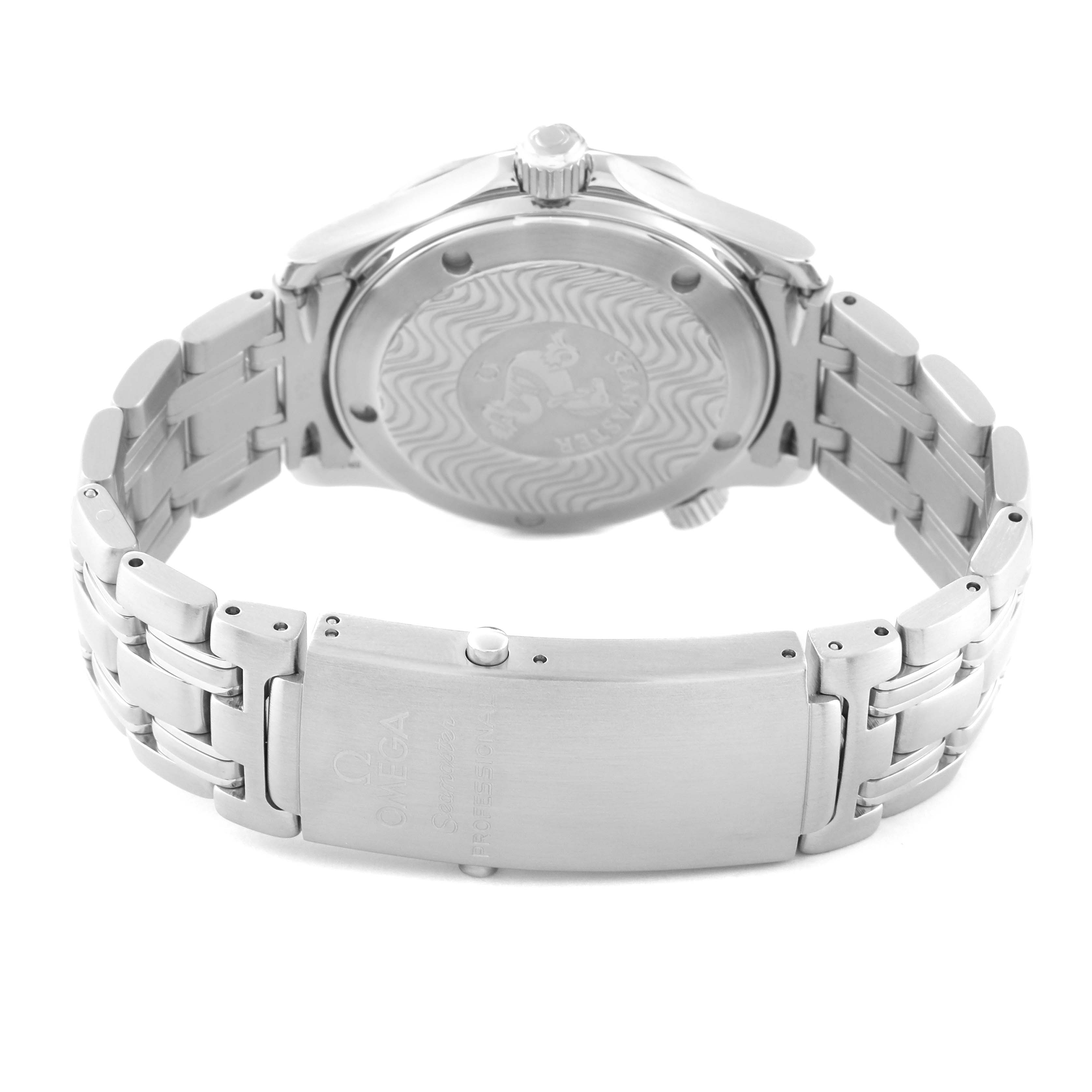 The image shows the back angle of an Omega Seamaster 2561.80.00 Men
s Stainless Steel Blue Dial 2561.80.00 Men
s Stainless Steel Blue Dial watch, focusing on the case back and bracelet clasp.