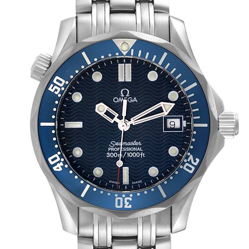 The Omega Seamaster watch is shown from a front angle, displaying the dial, bezel, hands, and part of the bracelet.