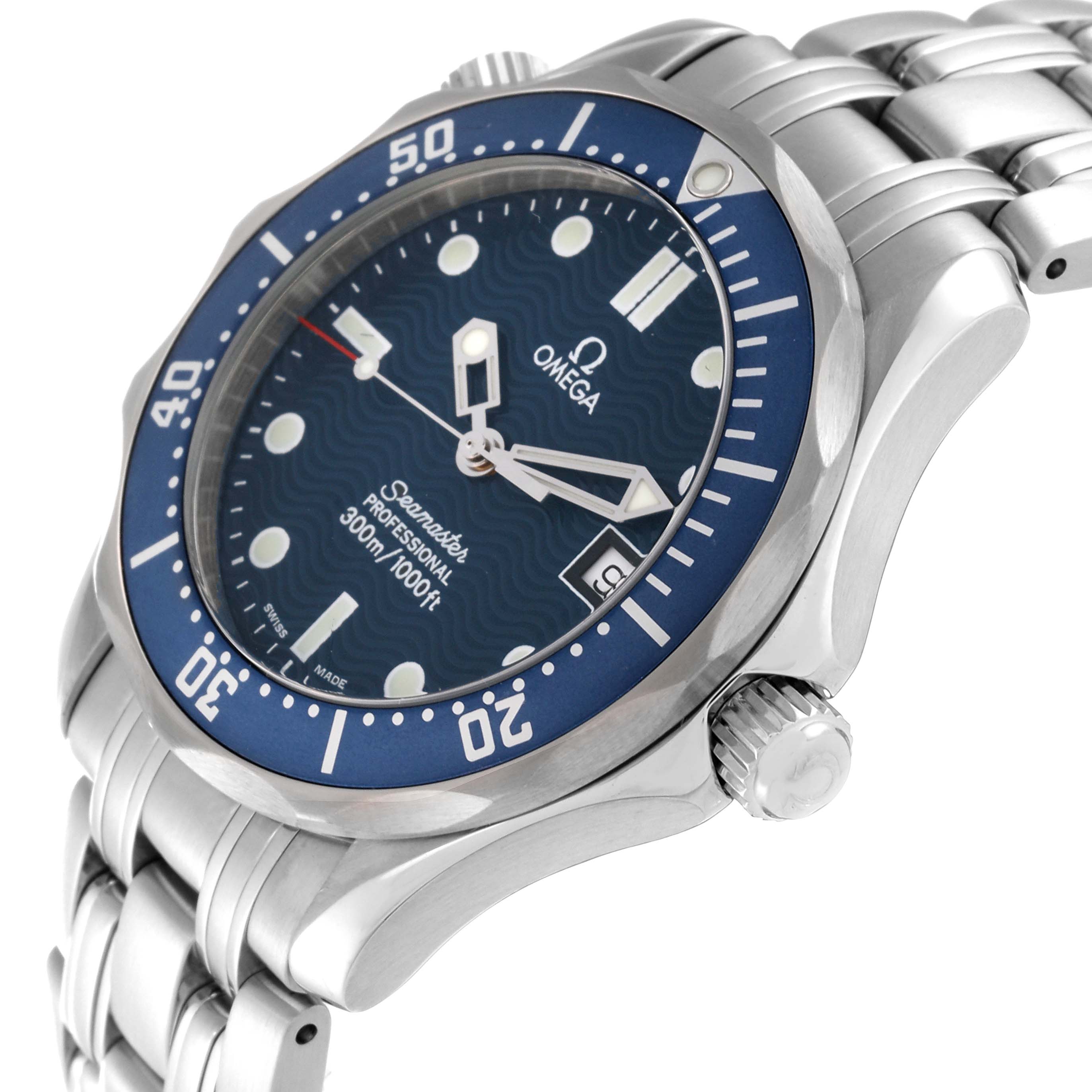 The image shows a side angle of the Omega Seamaster 2561.80.00 Men
s Stainless Steel Blue Dial 2561.80.00 Men
s Stainless Steel Blue Dial watch, focusing on the bezel, dial, crown, and part of the metal bracelet.