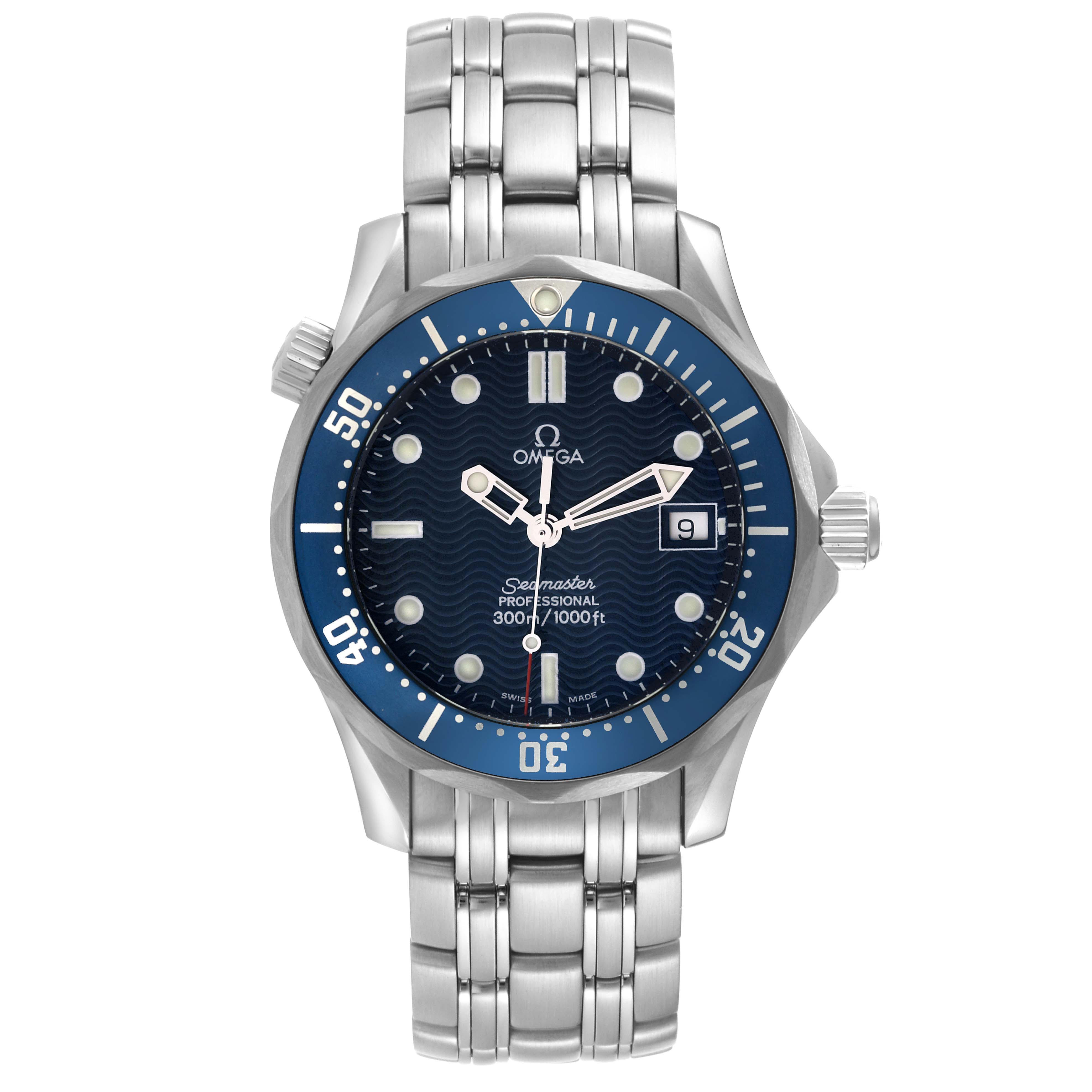 The Omega Seamaster 2561.80.00 Men
s Stainless Steel Blue Dial 2561.80.00 Men
s Stainless Steel Blue Dial watch is shown from the front, displaying the face, bezel, crown, and bracelet.