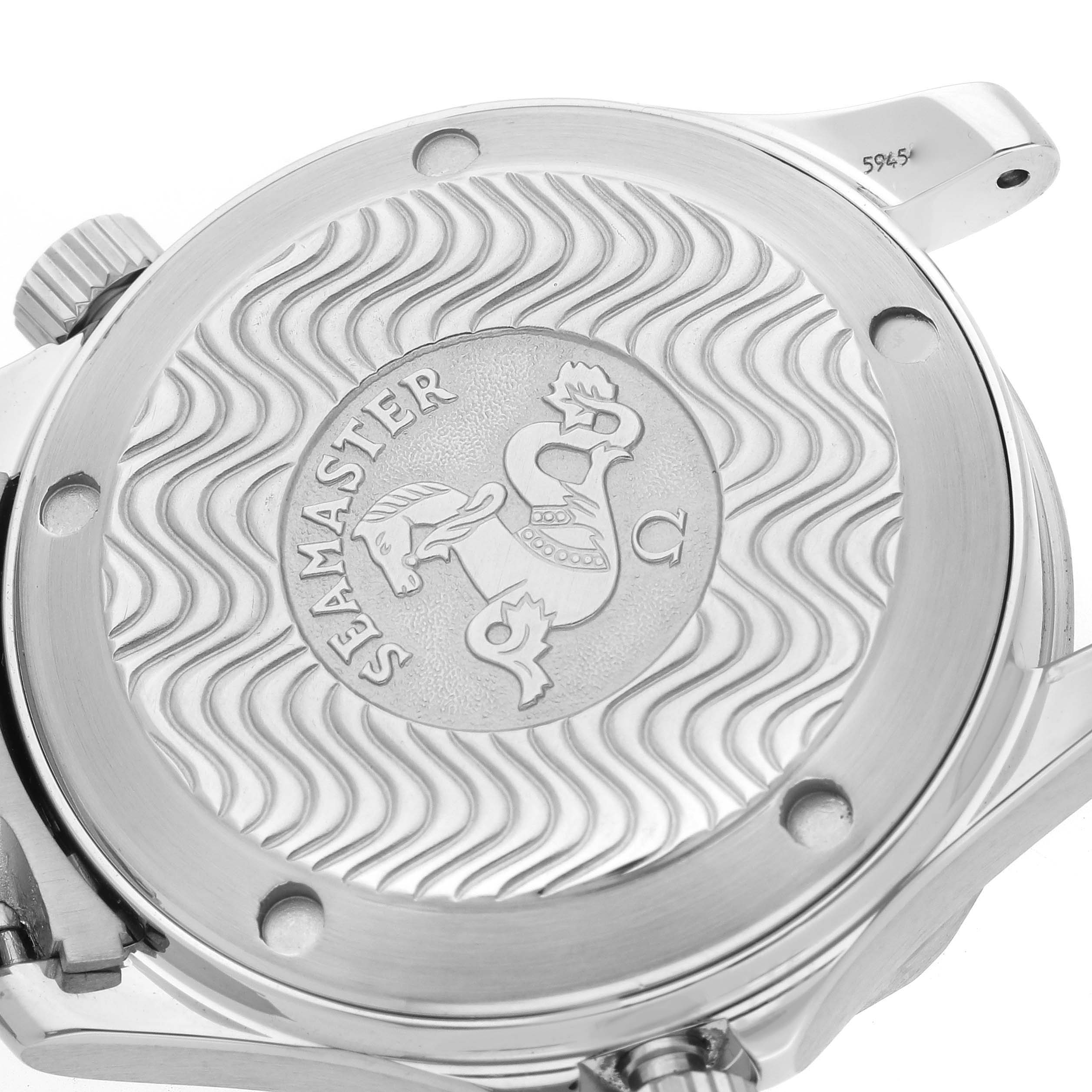 The image shows the back of an Omega Seamaster 2561.80.00 Men
s Stainless Steel Blue Dial 2561.80.00 Men
s Stainless Steel Blue Dial watch, highlighting its engraved case back design and crown.