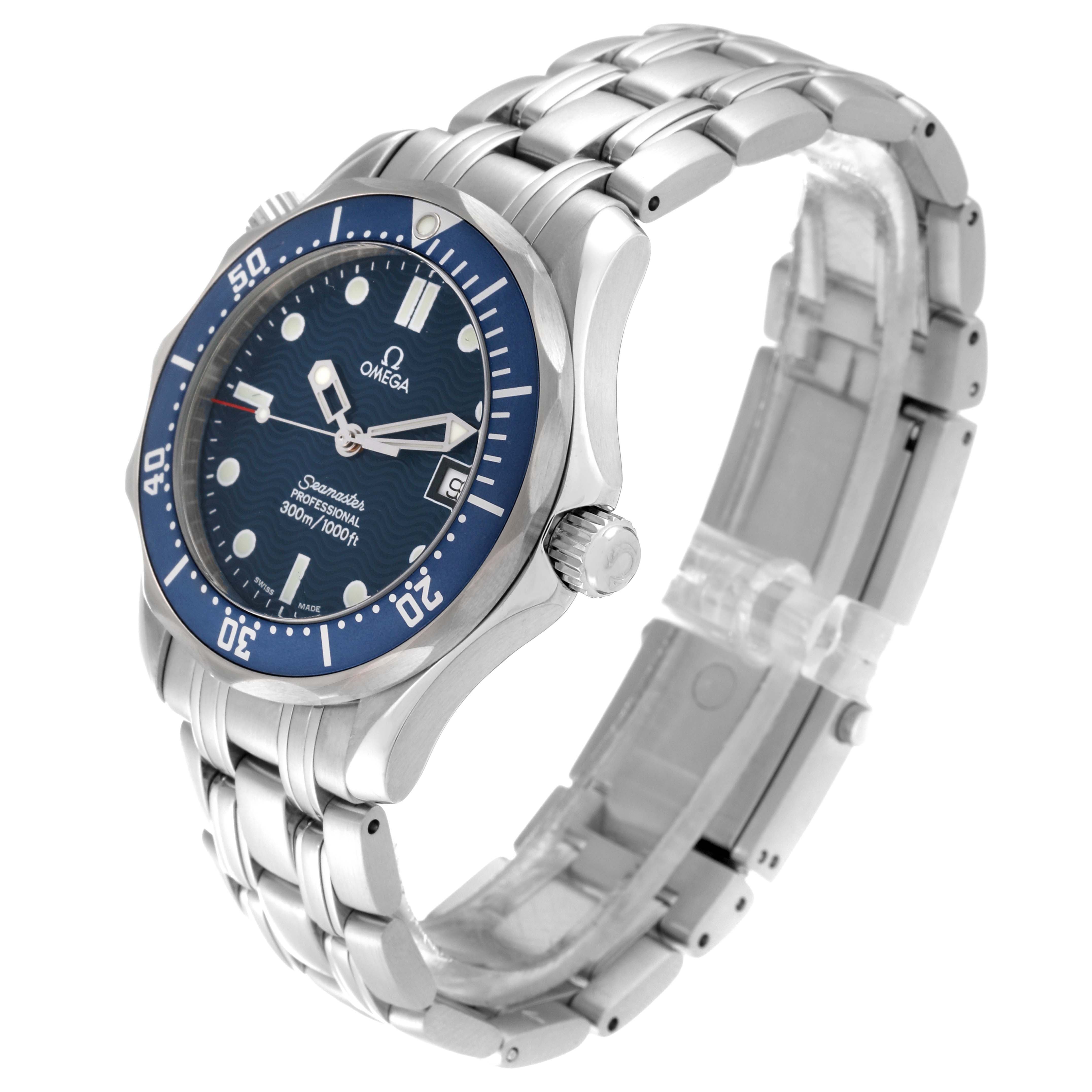 The image shows an Omega Seamaster 2561.80.00 Men
s Stainless Steel Blue Dial 2561.80.00 Men
s Stainless Steel Blue Dial watch from a three-quarter angle, highlighting the face, bezel, crown, and stainless steel bracelet.