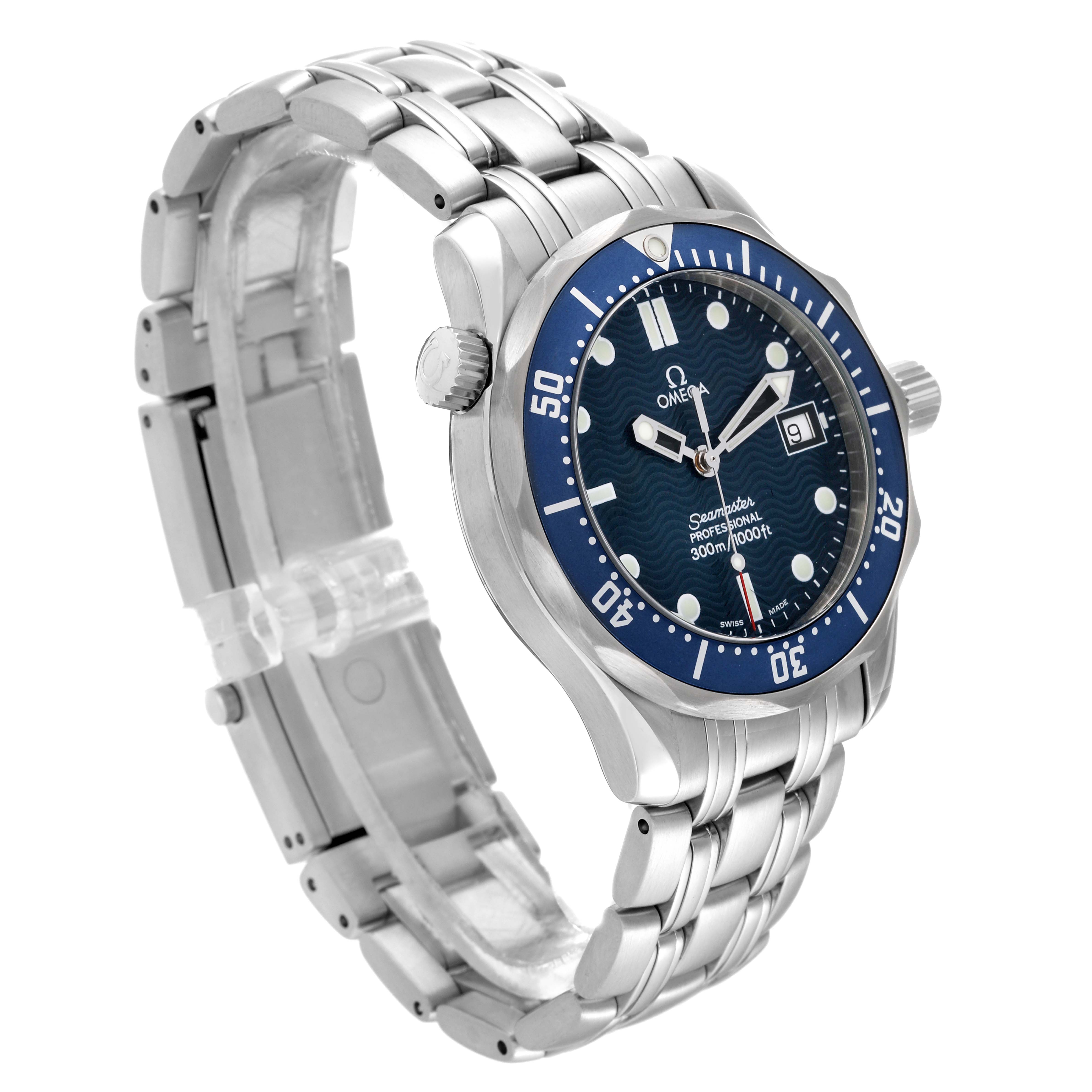 The image shows an Omega Seamaster 2561.80.00 Men
s Stainless Steel Blue Dial 2561.80.00 Men
s Stainless Steel Blue Dial watch at a three-quarter angle, highlighting the face, bezel, crown, and stainless steel bracelet.