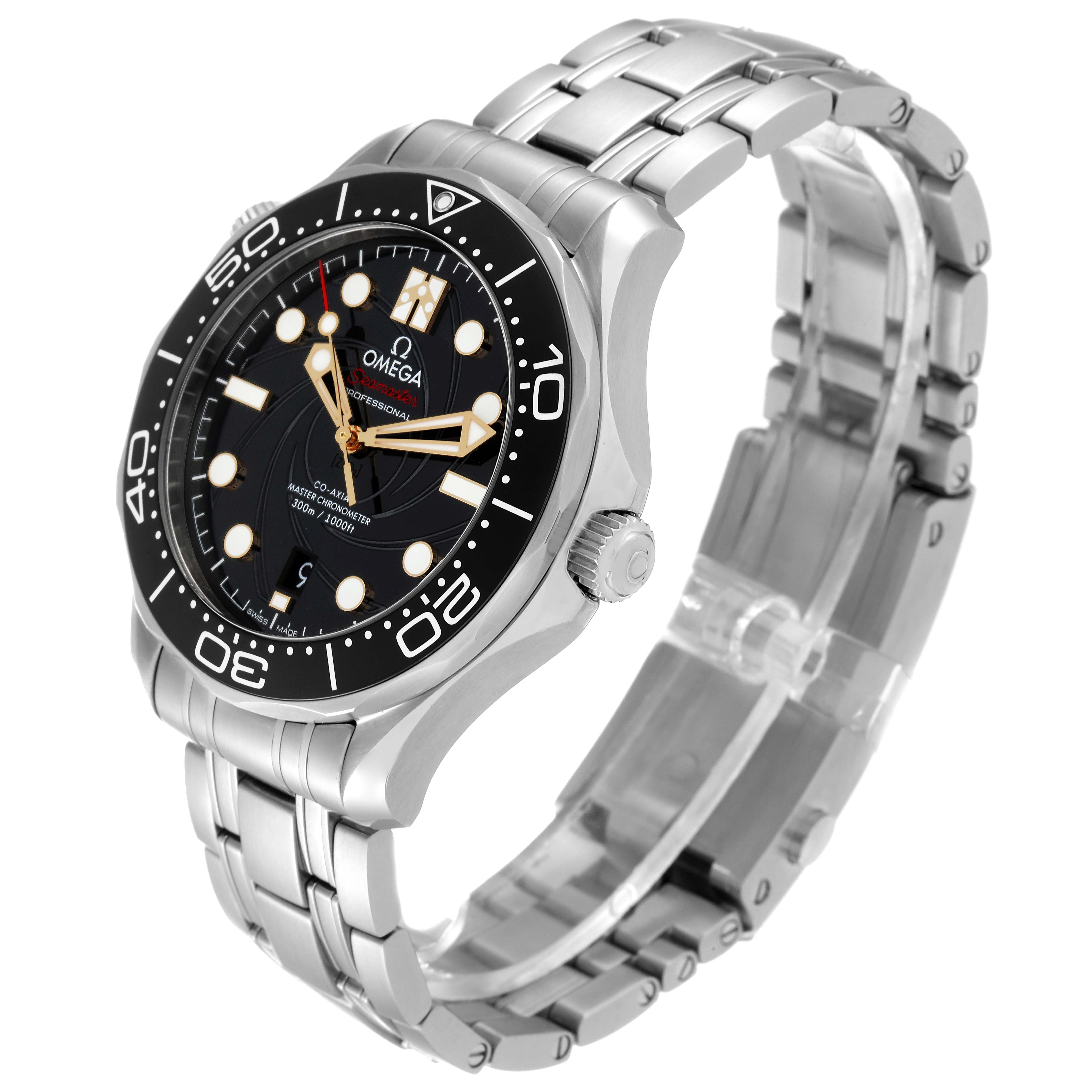 The Omega Seamaster 210.22.42.20.01.004 Men's Stainless Steel Black Dial 210.22.42.20.01.004 Men's Stainless Steel Black Dial watch is shown at an angle highlighting the face, bezel, crown, and stainless steel bracelet.