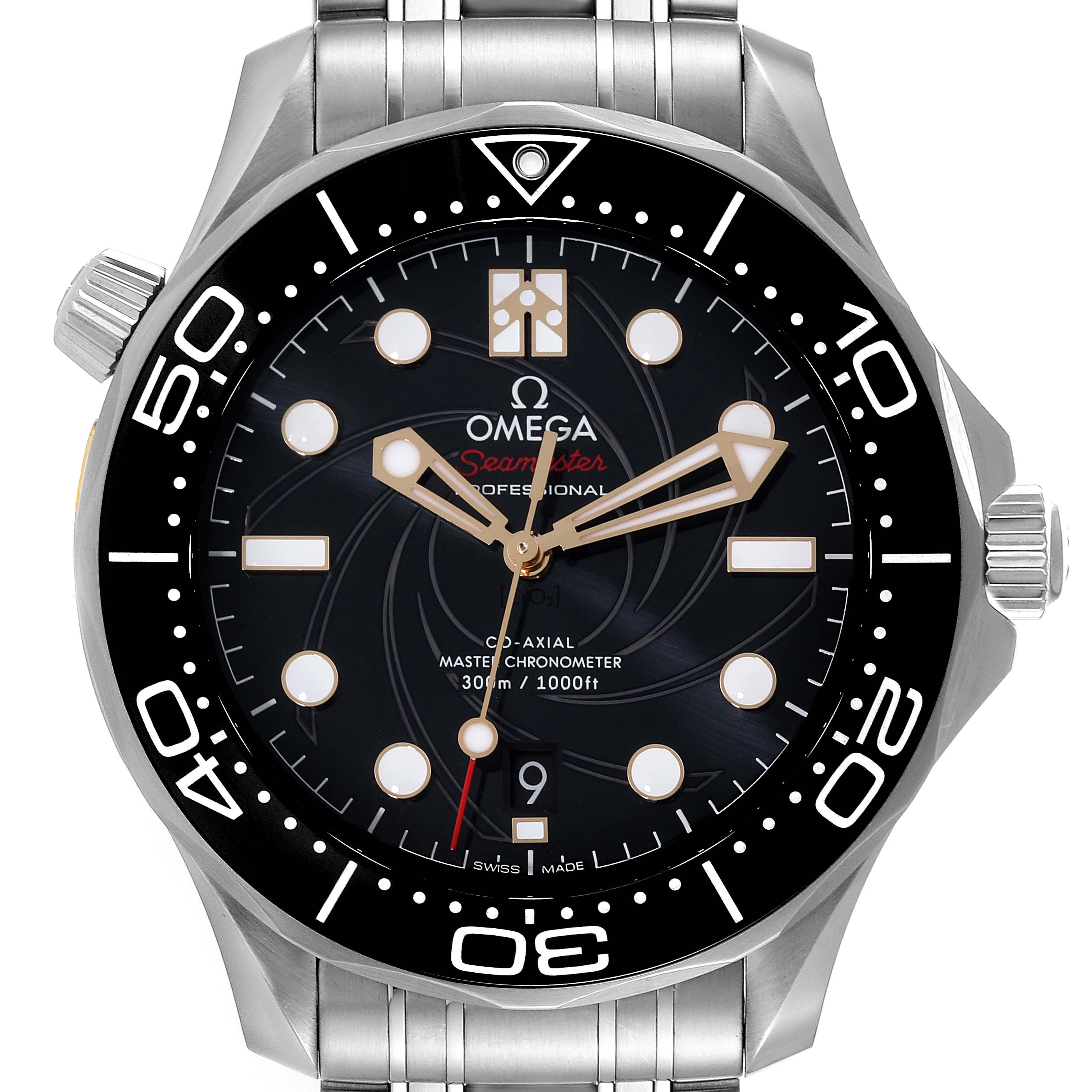 The image shows the Omega Seamaster 210.22.42.20.01.004 Men's Stainless Steel Black Dial 210.22.42.20.01.004 Men's Stainless Steel Black Dial watch from a top-down angle, highlighting the dial, hands, bezel, and stainless steel bracelet.