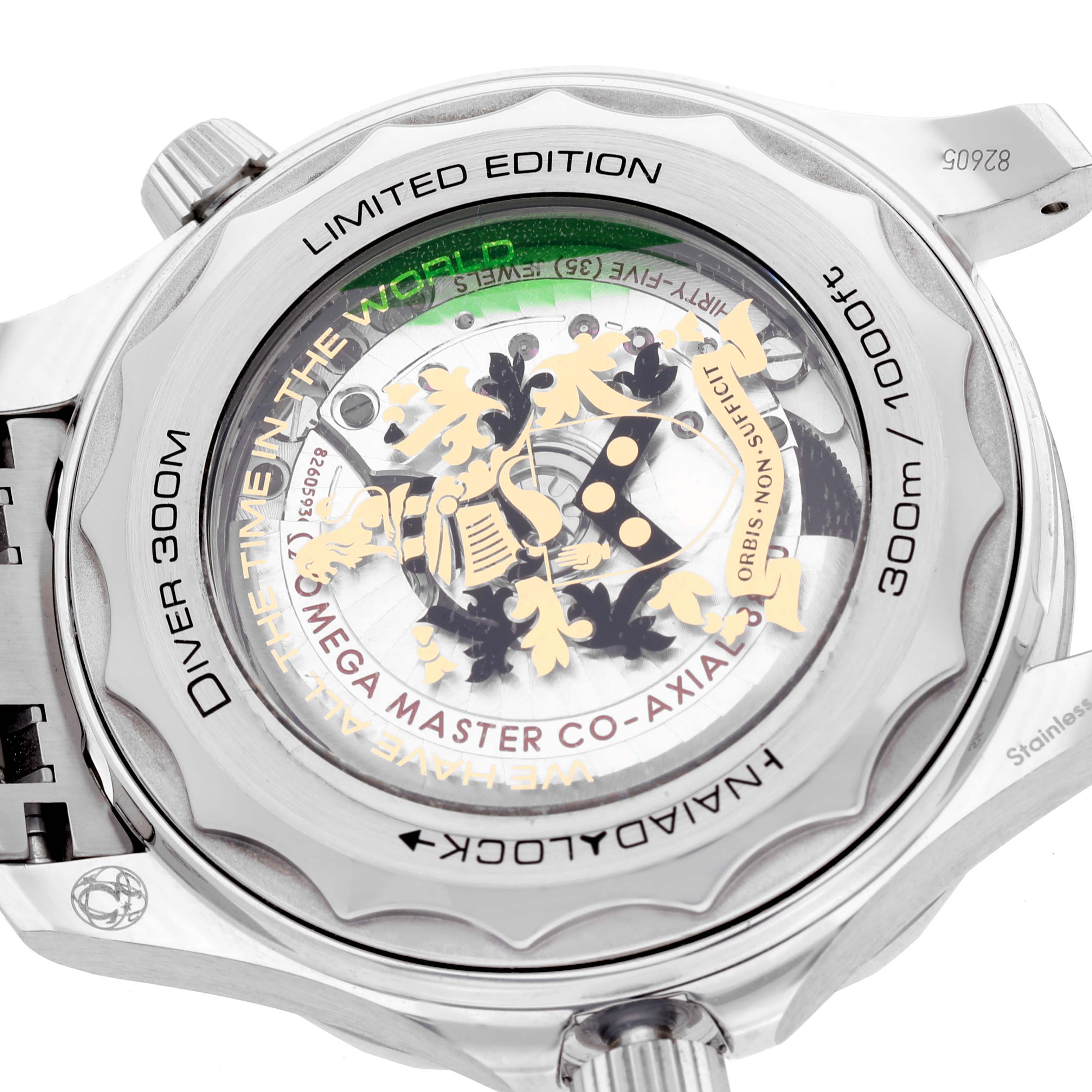 This is a rear view of the Omega Seamaster 210.22.42.20.01.004 Men's Stainless Steel Black Dial 210.22.42.20.01.004 Men's Stainless Steel Black Dial watch, showcasing its limited edition case back and intricate movement design.