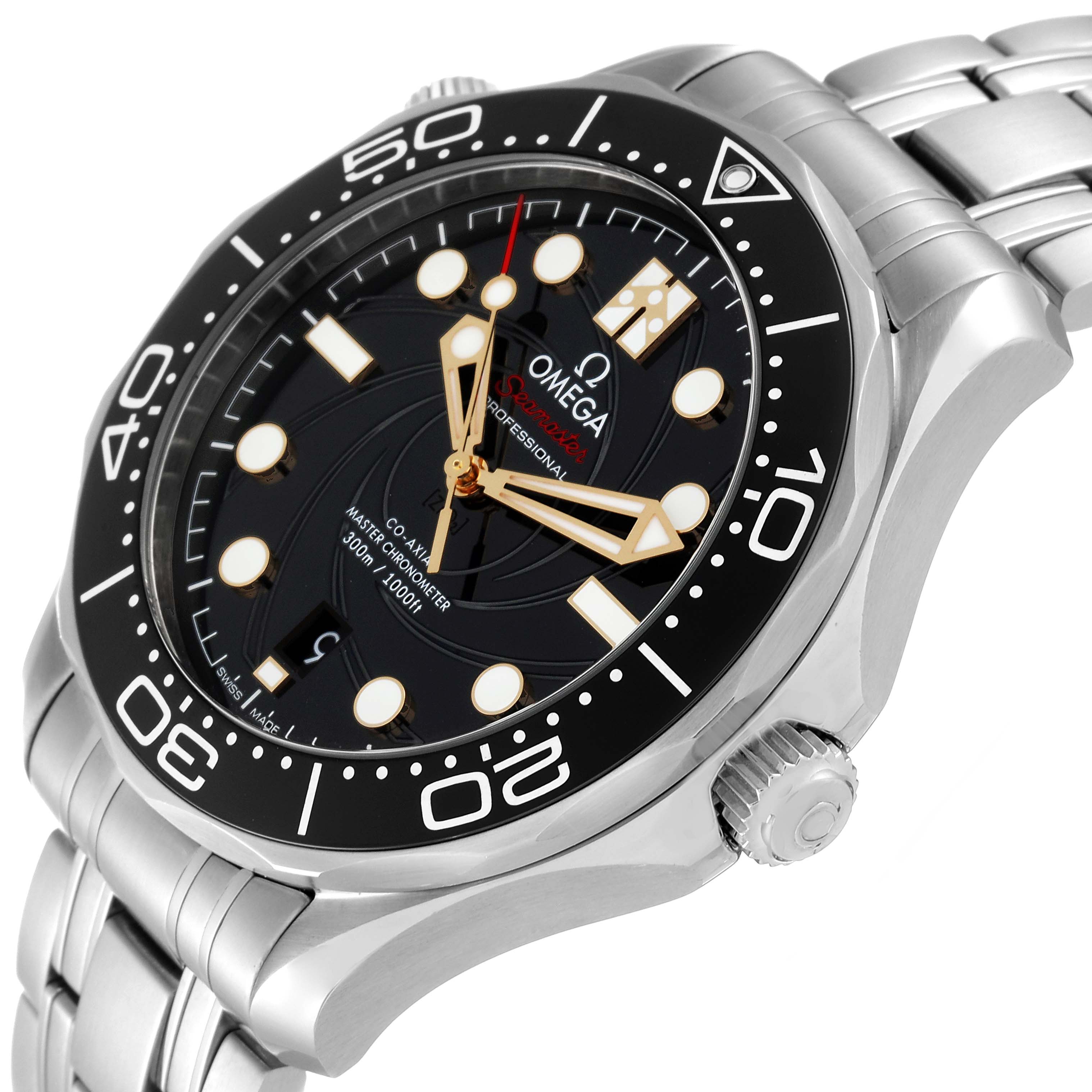 The Omega Seamaster 210.22.42.20.01.004 Men's Stainless Steel Black Dial 210.22.42.20.01.004 Men's Stainless Steel Black Dial watch is shown at an angled view, highlighting its bezel, dial, and stainless steel bracelet.