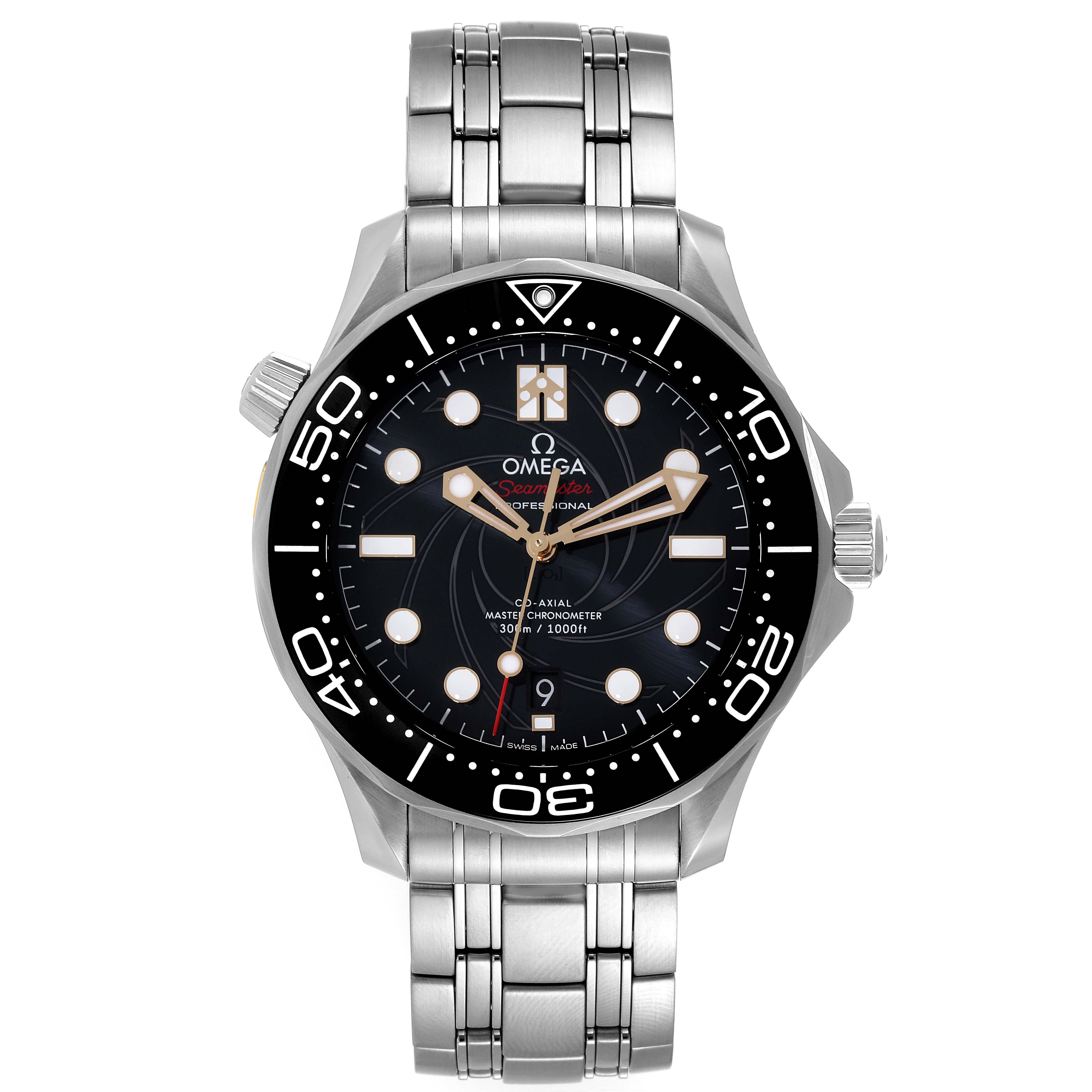 The Omega Seamaster 210.22.42.20.01.004 Men's Stainless Steel Black Dial 210.22.42.20.01.004 Men's Stainless Steel Black Dial watch is shown from a direct front angle, highlighting the dial, bezel, and bracelet.