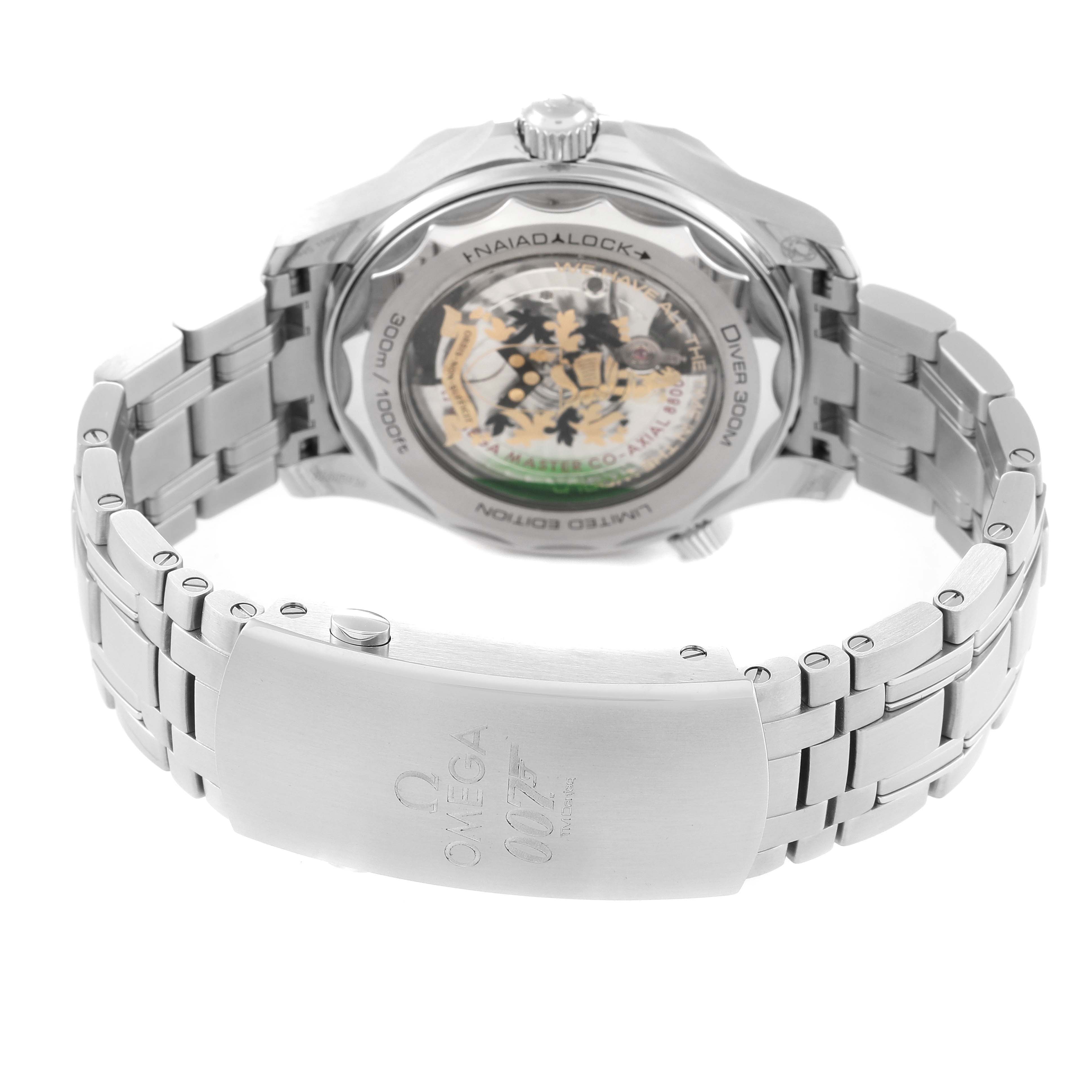 This image shows the back view and clasp of the Omega Seamaster 210.22.42.20.01.004 Men's Stainless Steel Black Dial 210.22.42.20.01.004 Men's Stainless Steel Black Dial watch, highlighting its metal bracelet and transparent case back.