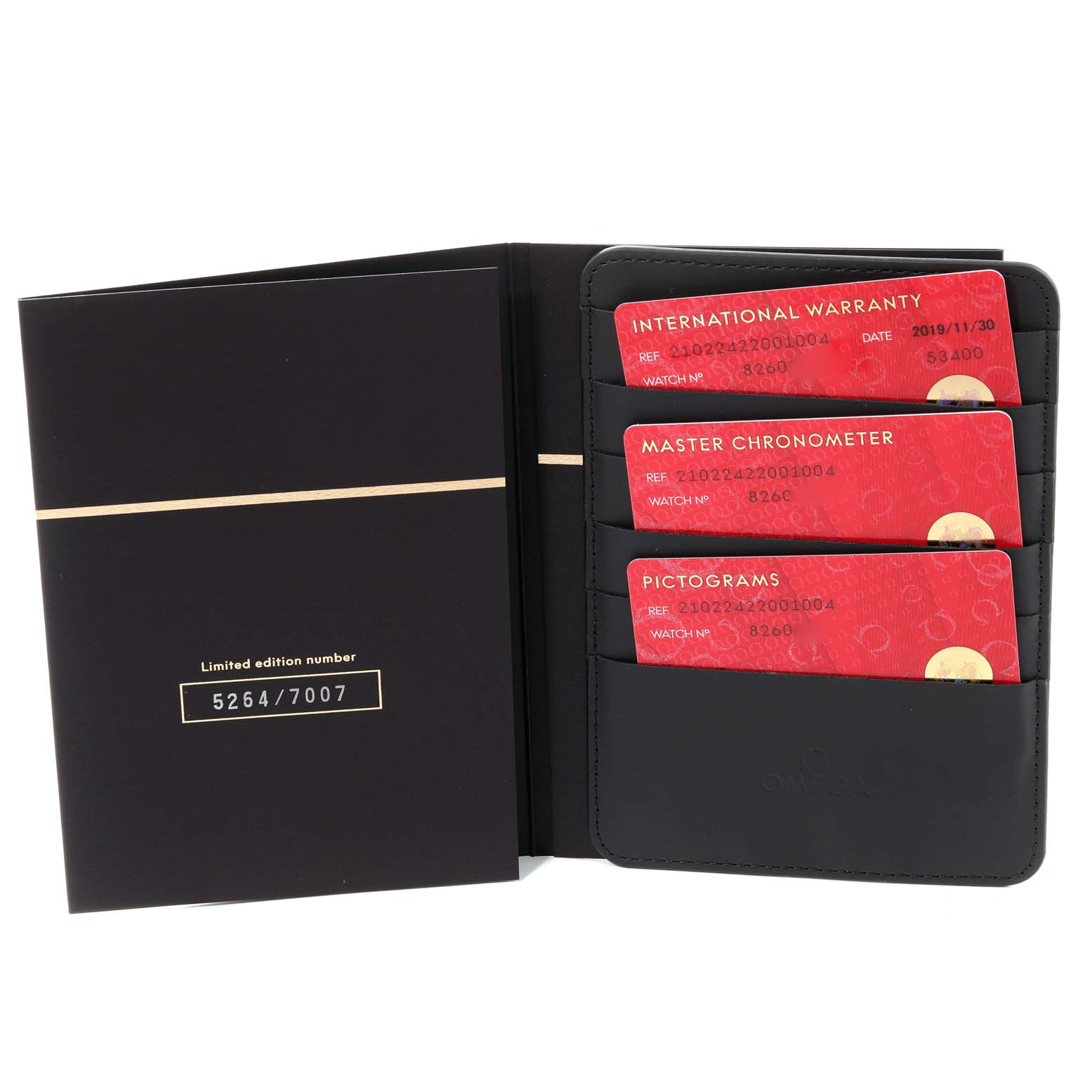 The image shows a documentation holder for the Omega Seamaster 210.22.42.20.01.004 Men's Stainless Steel Black Dial 210.22.42.20.01.004 Men's Stainless Steel Black Dial, containing cards for international warranty, master chronometer, and pictograms.