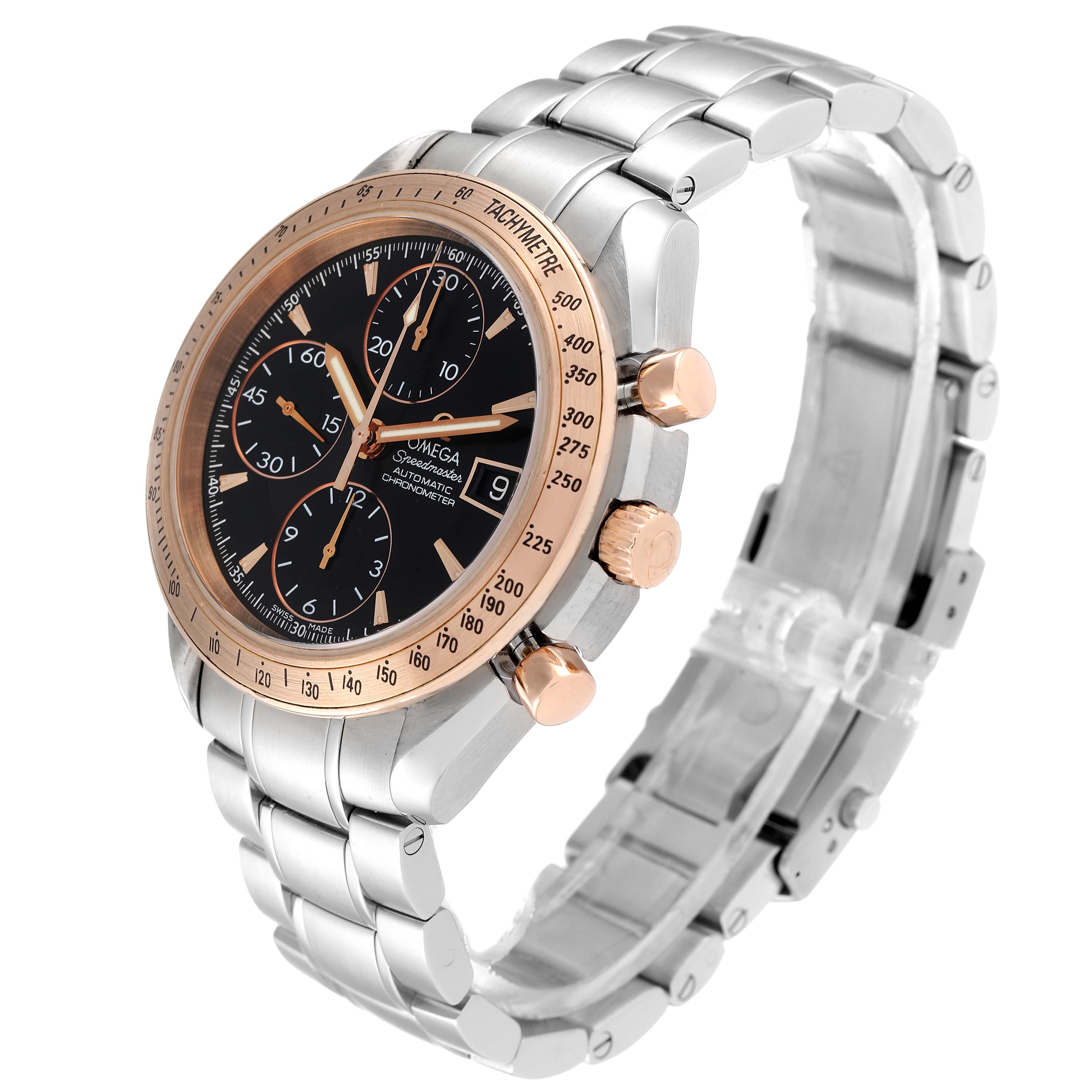 The Omega Speedmaster 323.21.40.40.01.001 Men's Steel and Gold (two tone) Black Dial 323.21.40.40.01.001 Men's Steel and Gold (two tone) Black Dial watch is shown at a three-quarter angle, highlighting its face, bezel, pushers, and bracelet.