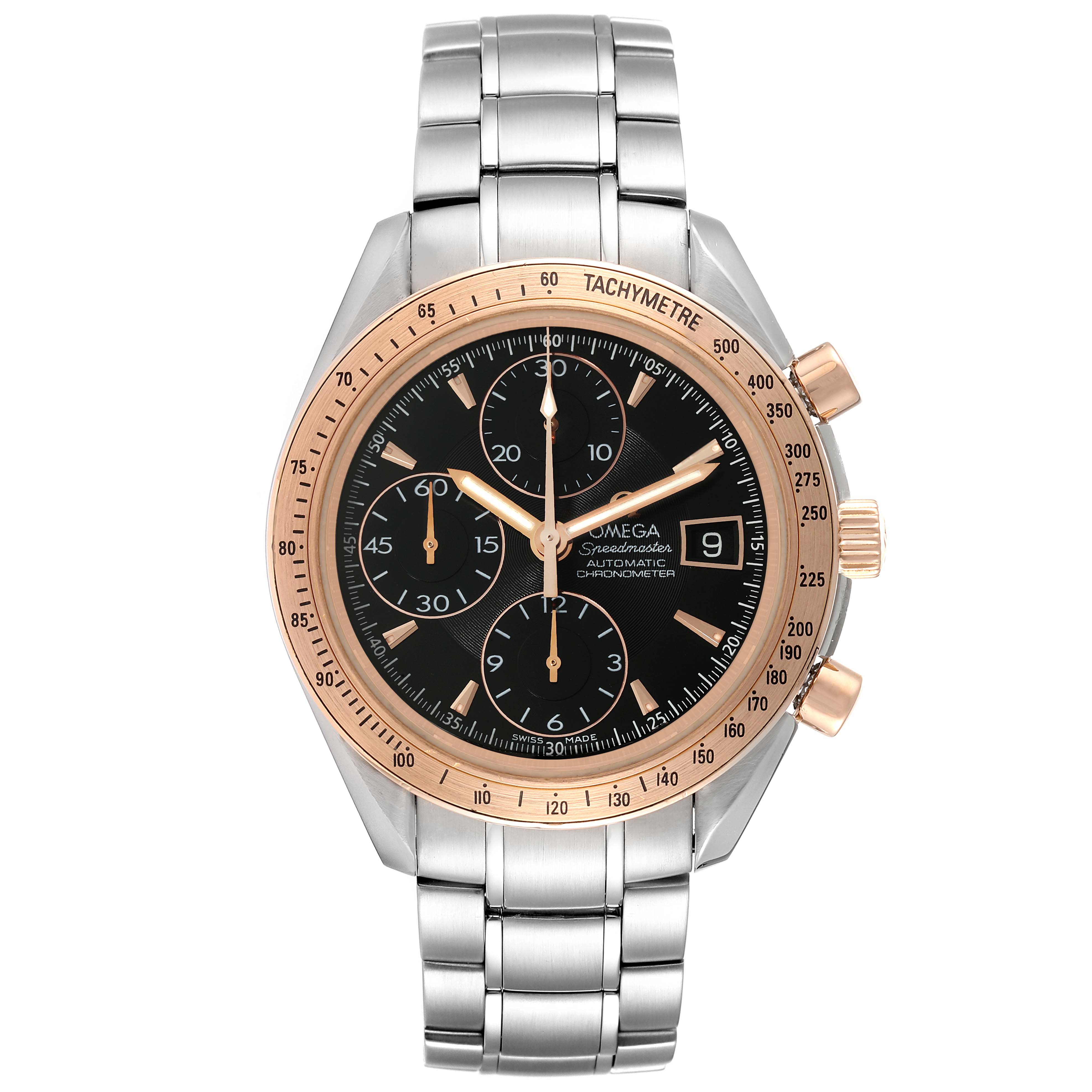 This Omega Speedmaster 323.21.40.40.01.001 Men's Steel and Gold (two tone) Black Dial 323.21.40.40.01.001 Men's Steel and Gold (two tone) Black Dial watch is shown from the front, highlighting its dial, bracelet, and bezel.