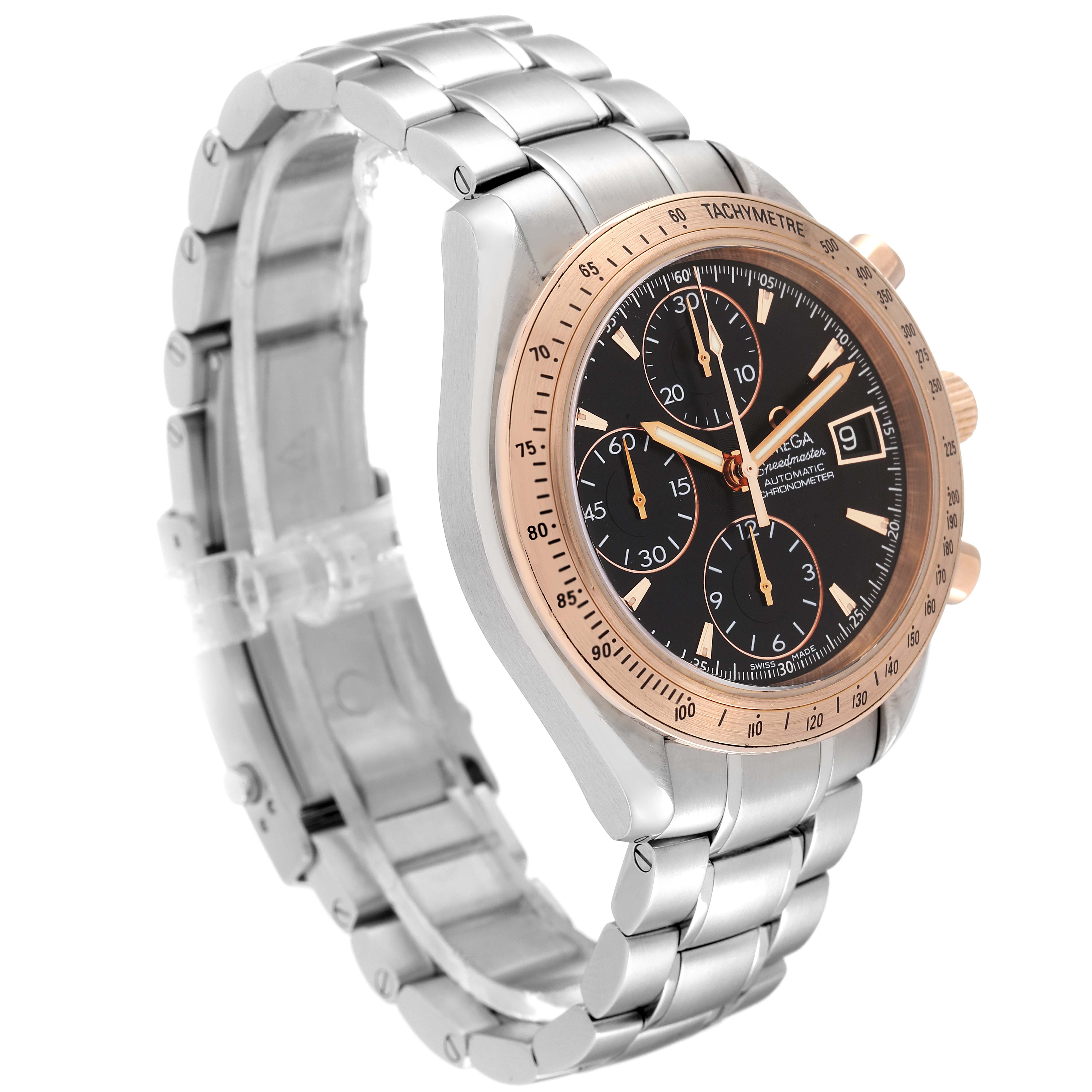 The Omega Speedmaster 323.21.40.40.01.001 Men's Steel and Gold (two tone) Black Dial 323.21.40.40.01.001 Men's Steel and Gold (two tone) Black Dial watch is shown from an angled front view, displaying the face, bezel, and metal bracelet.