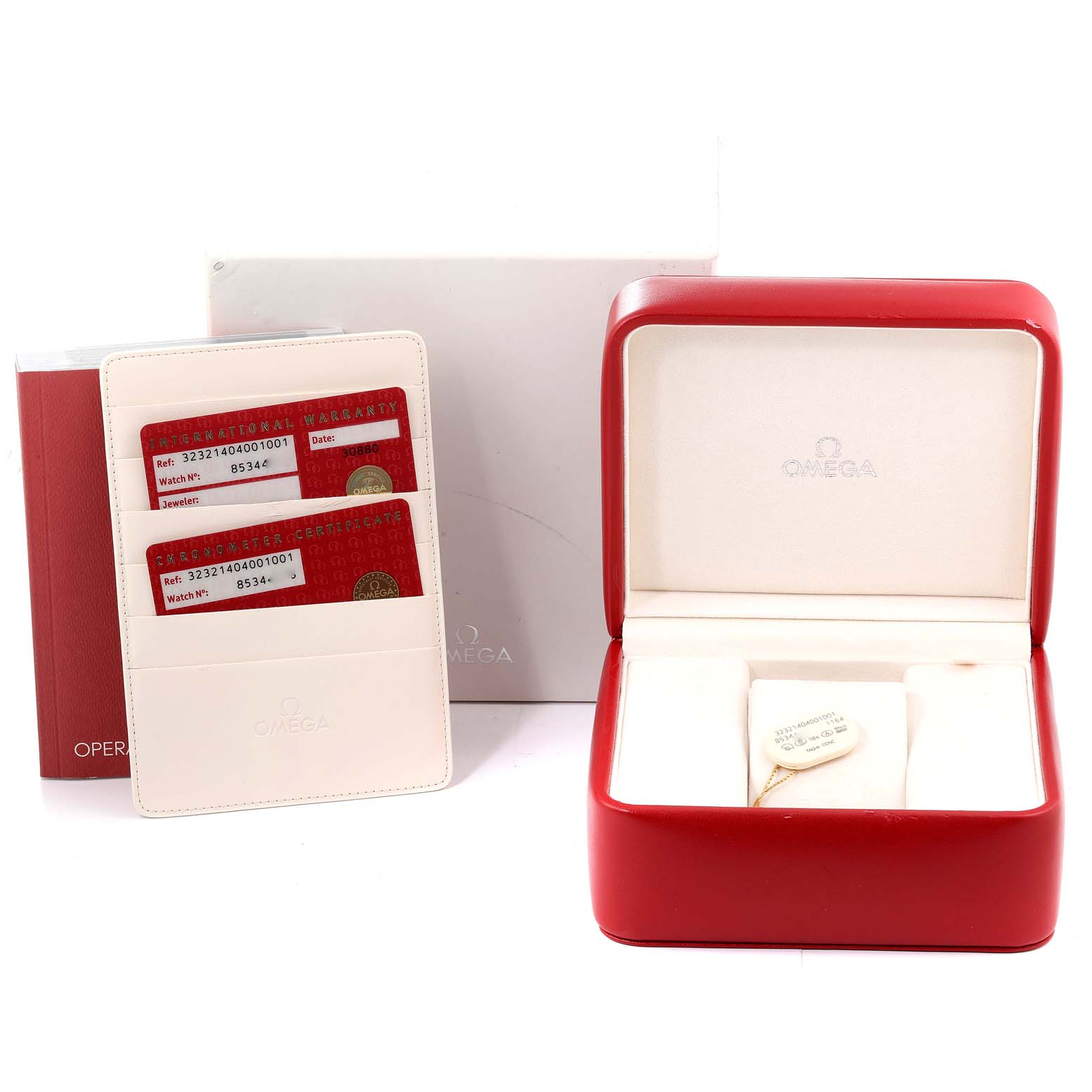 Shown are the Omega Speedmaster 323.21.40.40.01.001 Men's Steel and Gold (two tone) Black Dial 323.21.40.40.01.001 Men's Steel and Gold (two tone) Black Dial accessories including the box, warranty cards, and cardholder from a front angle.