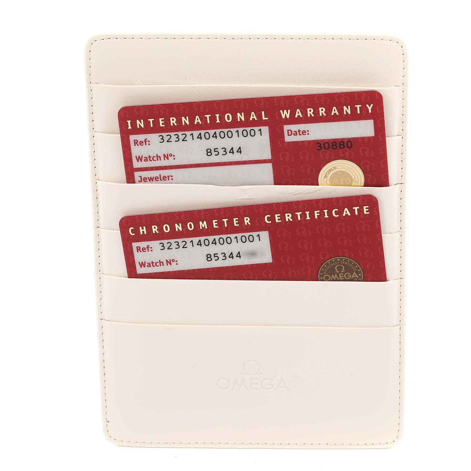 The image shows two Omega Speedmaster 323.21.40.40.01.001 Men's Steel and Gold (two tone) Black Dial 323.21.40.40.01.001 Men's Steel and Gold (two tone) Black Dial cards: an International Warranty and a Chronometer Certificate, in a white cardholder.