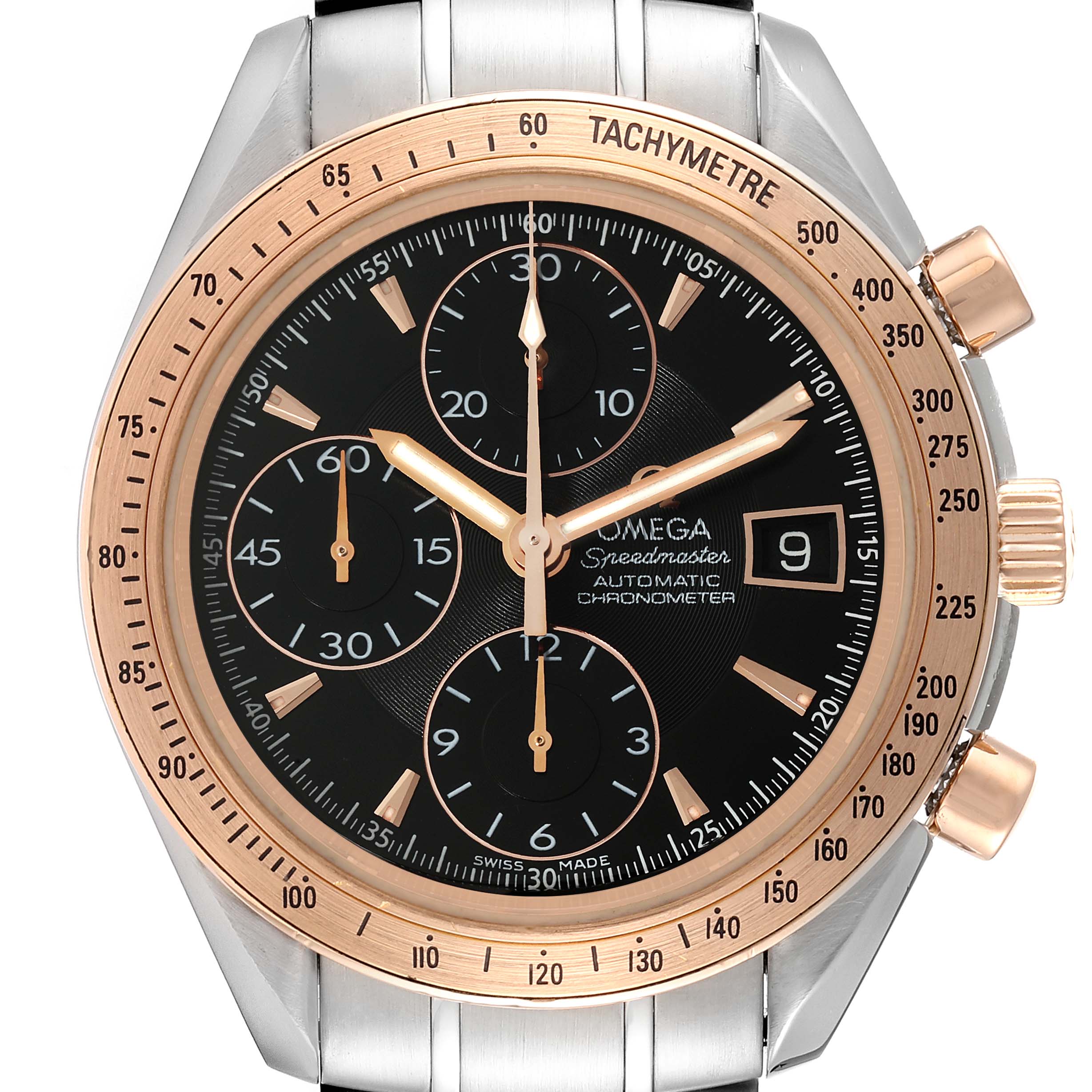 The image shows a frontal view of the Omega Speedmaster 323.21.40.40.01.001 Men's Steel and Gold (two tone) Black Dial 323.21.40.40.01.001 Men's Steel and Gold (two tone) Black Dial watch, displaying its dial, tachymeter bezel, and chronograph features.