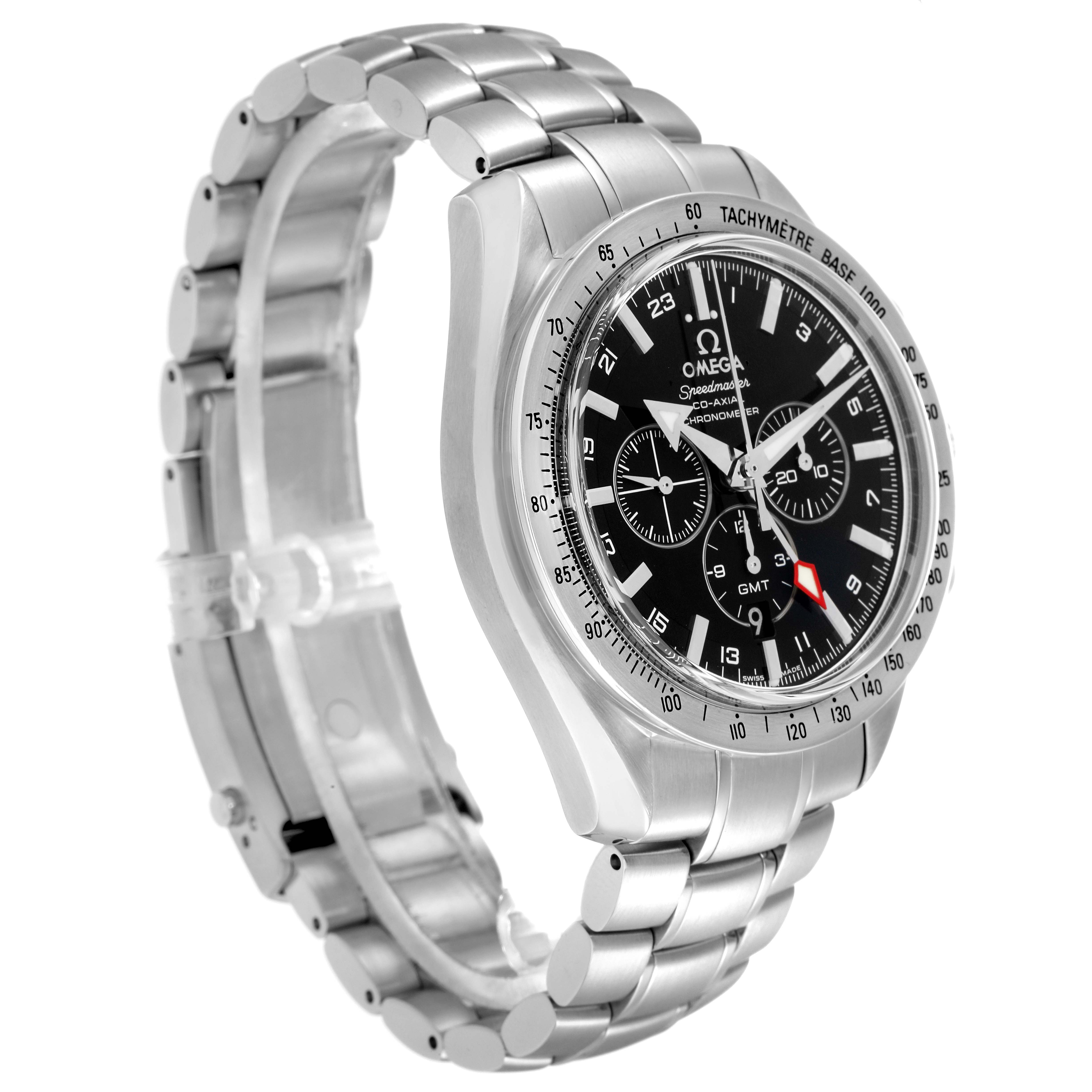 The image shows an Omega Speedmaster model 3581.50.00 watch from a side angle, highlighting the face, bezel, and stainless steel bracelet.